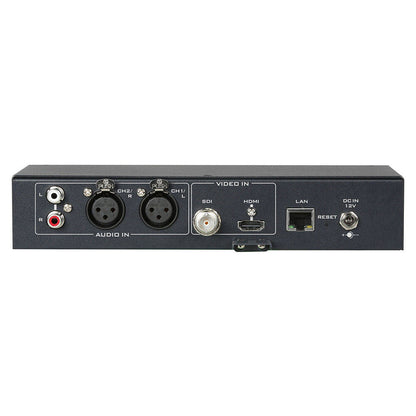 Datavideo NVS-35 Dual stream H.264 streaming encoder and recorder with HD-SDI and HDMI inputs. Records onto an SD card. Selectable bit-rate for streaming and recording. XLR connections for audio input.