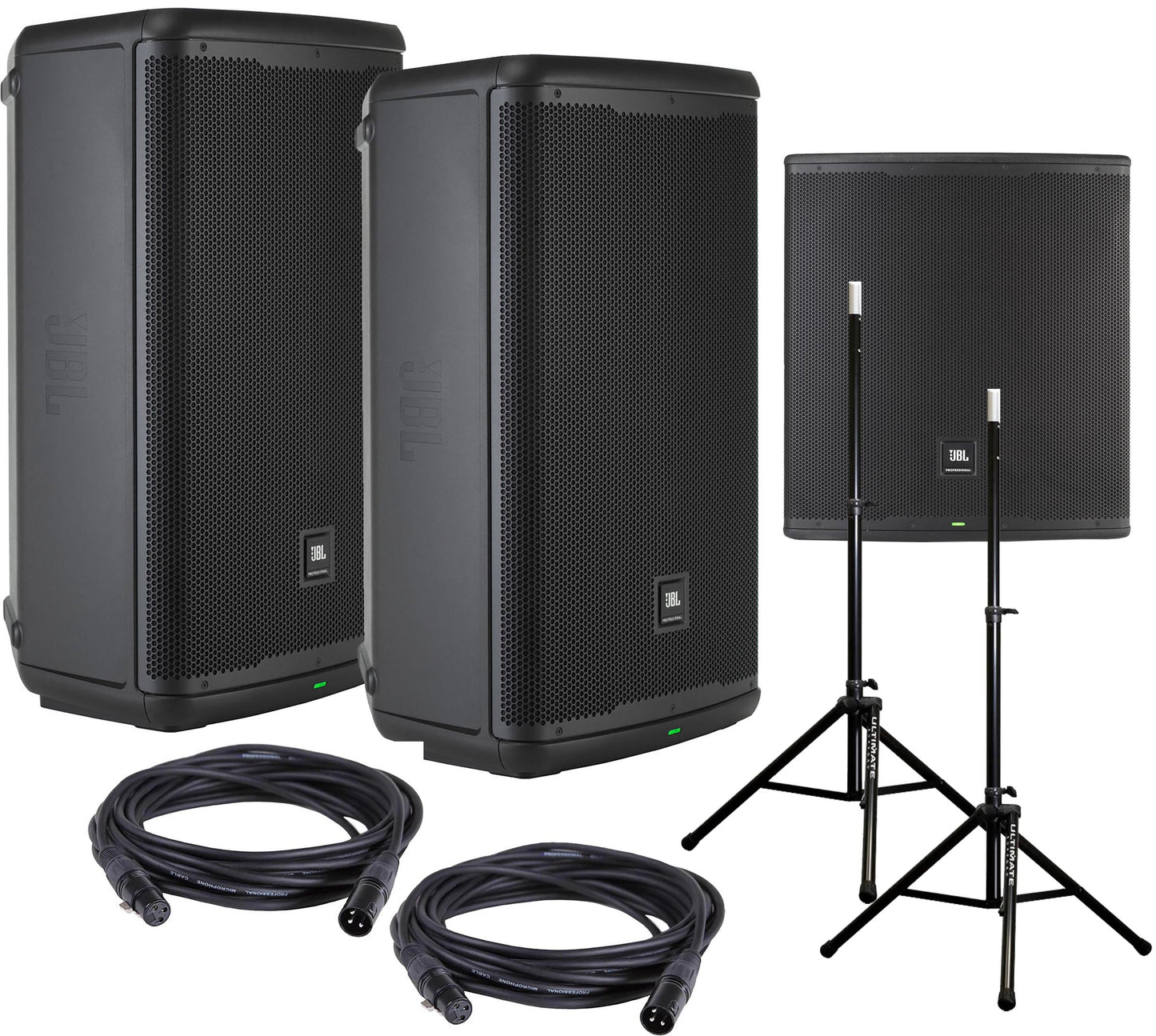 JBL EON718S 18-Inch Sub (x1) and EON 715 Speakers (x2) with Stands and Cables - PSSL ProSound and Stage Lighting