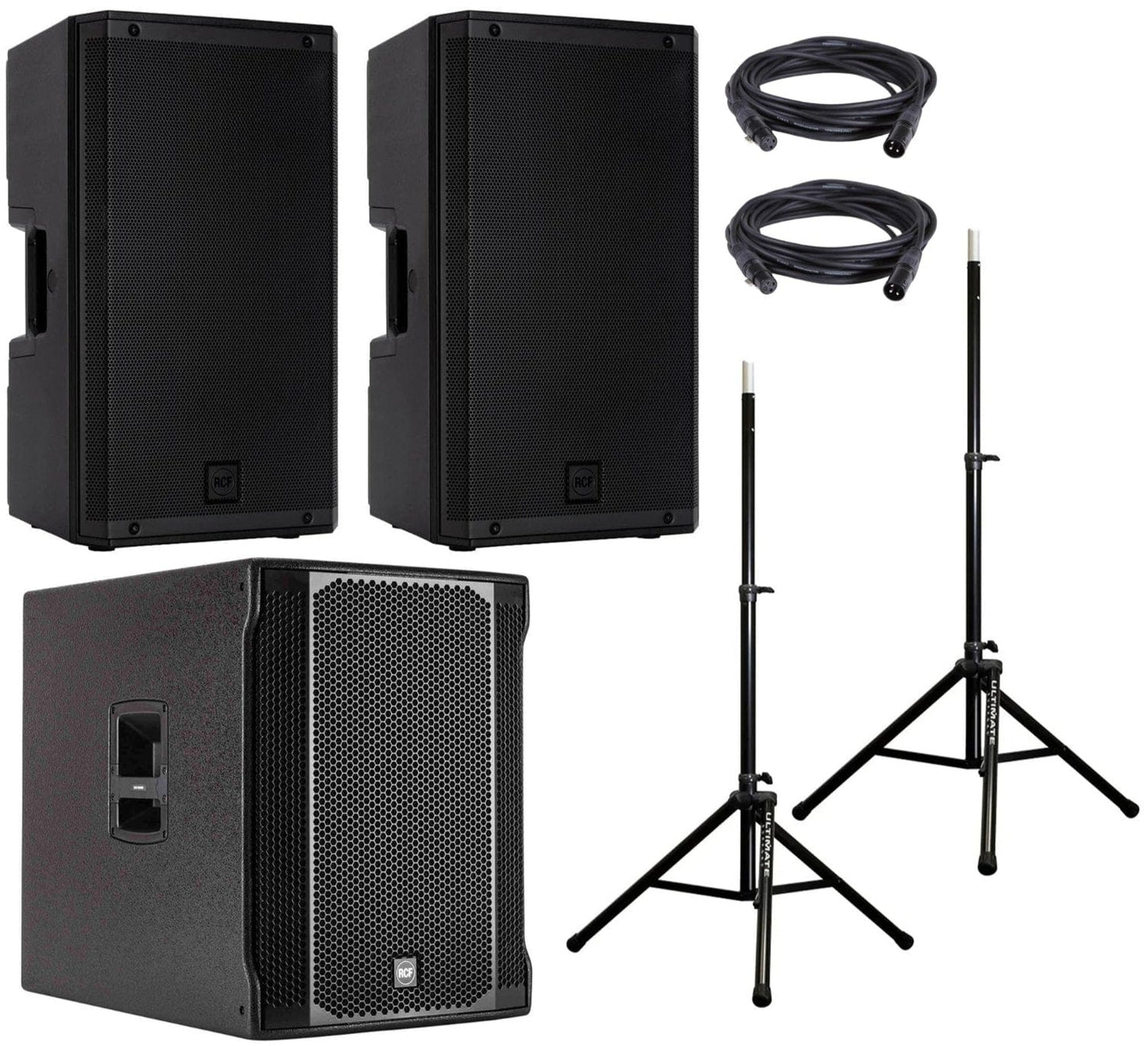 RCF ART-912A Speakers (x2) and SUB708-AS MKII Subwoofer (x1) with Stands and Cables - PSSL ProSound and Stage Lighting