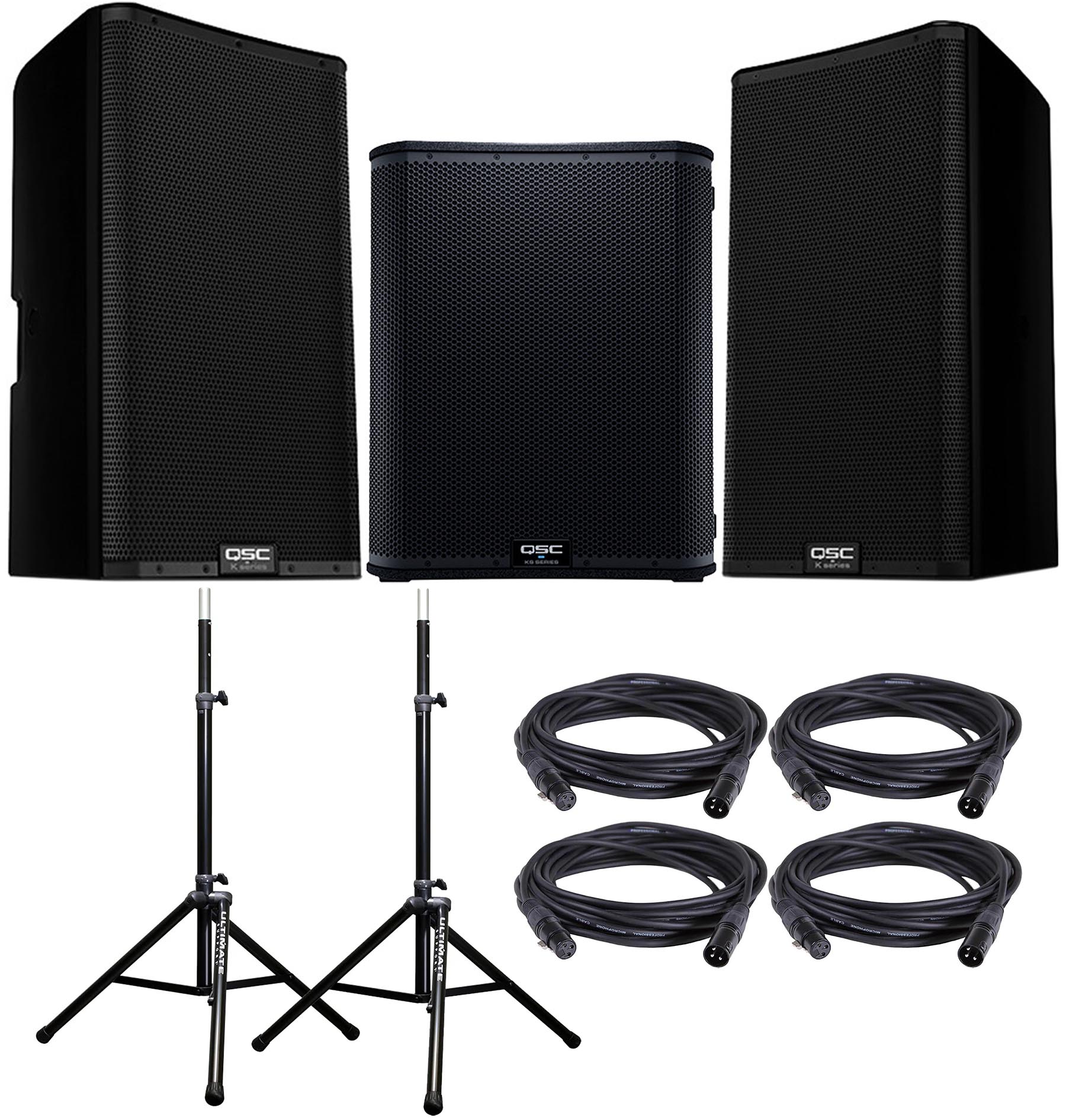 QSC K12.2 Speakers (x2) and KS118 (x1) with Speaker Stands / Mic Cables - PSSL ProSound and Stage Lighting