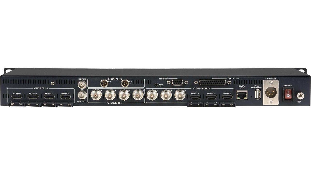 Datavideo SE-2600MU 8-channel 1U 1080p switcher. Inputs: 4 SDI, 4 HDMI Outputs: 3 assignable SDI, 3 assignable HDMI