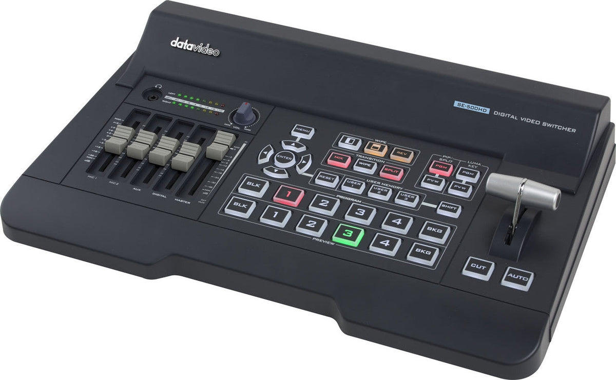 Datavideo SE-500HD 4 input HDMI 1080p video switcher with built-in audio mixer.