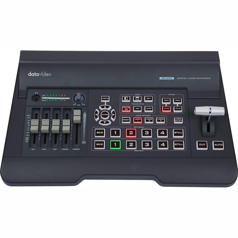 Datavideo SE-650 4 input HD video switcher with HD-SDI and HDMI inputs. It comes with a built-in audio mixer and chromakey.