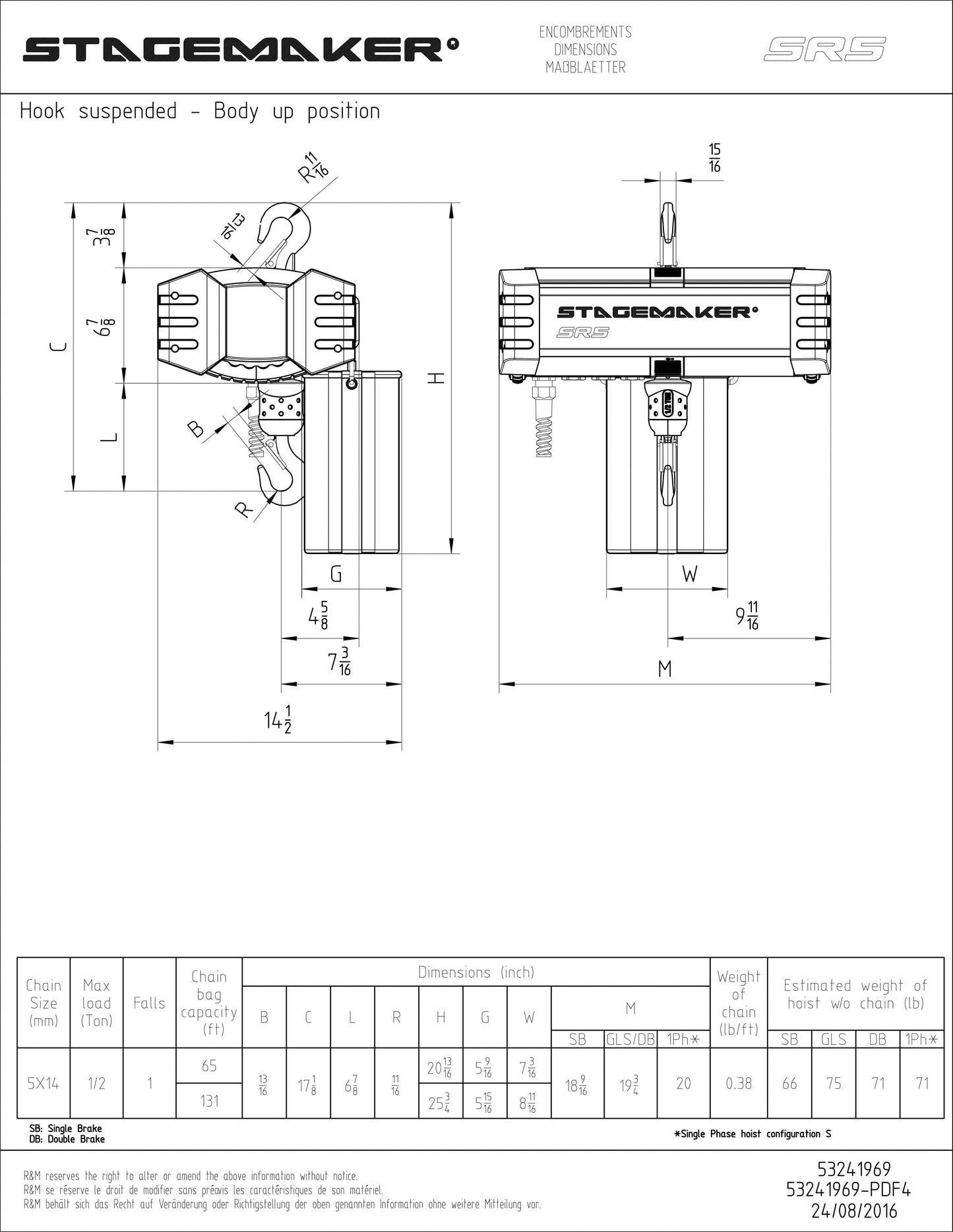 Stagemaker SR05 Single-Phase 16 FPM Low Voltage Chain Hoist 30FT Lift w/ 1/4-Ton Capacity