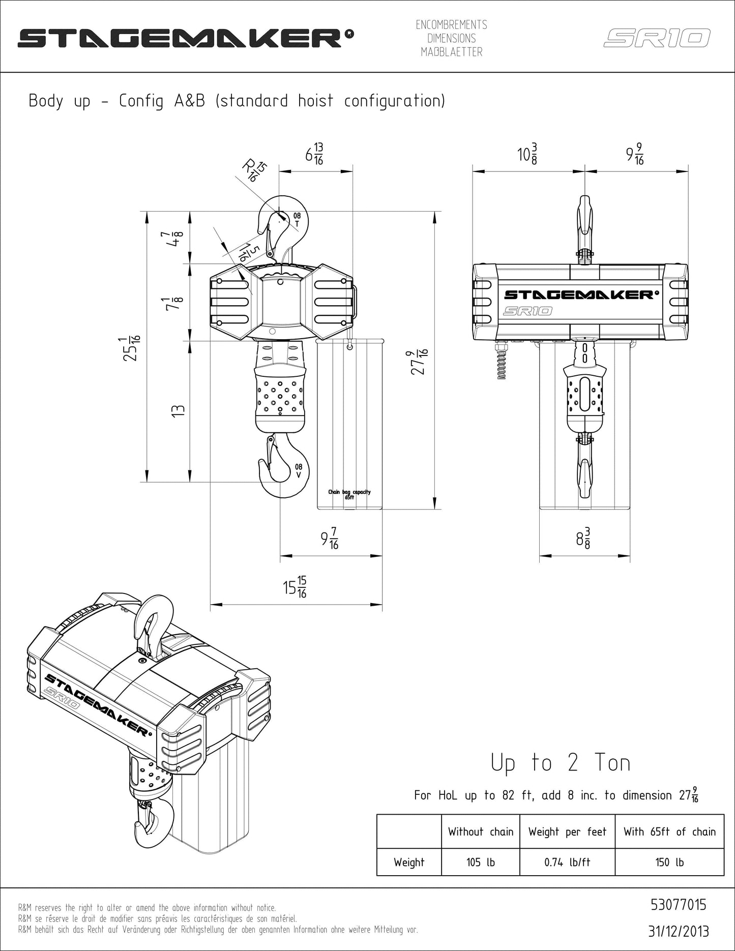 Stagemaker SR10 Three-Phase 16 FPM Low Voltage Chain Hoist 30FT Lift w/ 2-Ton Capacity