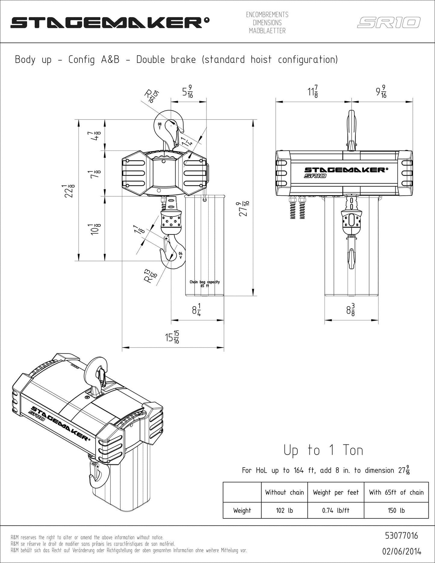 Stagemaker SR10 Three-Phase 16 FPM Low Voltage BGV-D8+ Chain Hoist 30FT Lift w/ 1-Ton Capacity