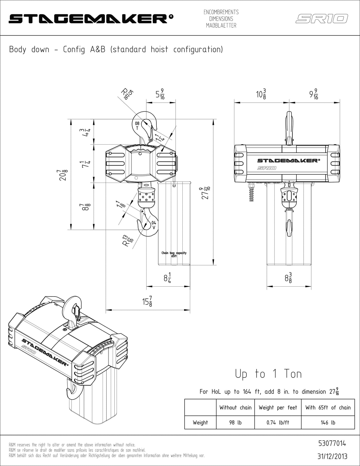 Stagemaker SR10 Three-Phase 16 FPM Direct Motor Chain Hoist 30FT Lift w/ 1-Ton Capacity