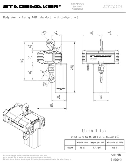 Stagemaker SR10 Three-Phase 16 FPM Direct Motor Chain Hoist 30FT Lift w/ 1-Ton Capacity