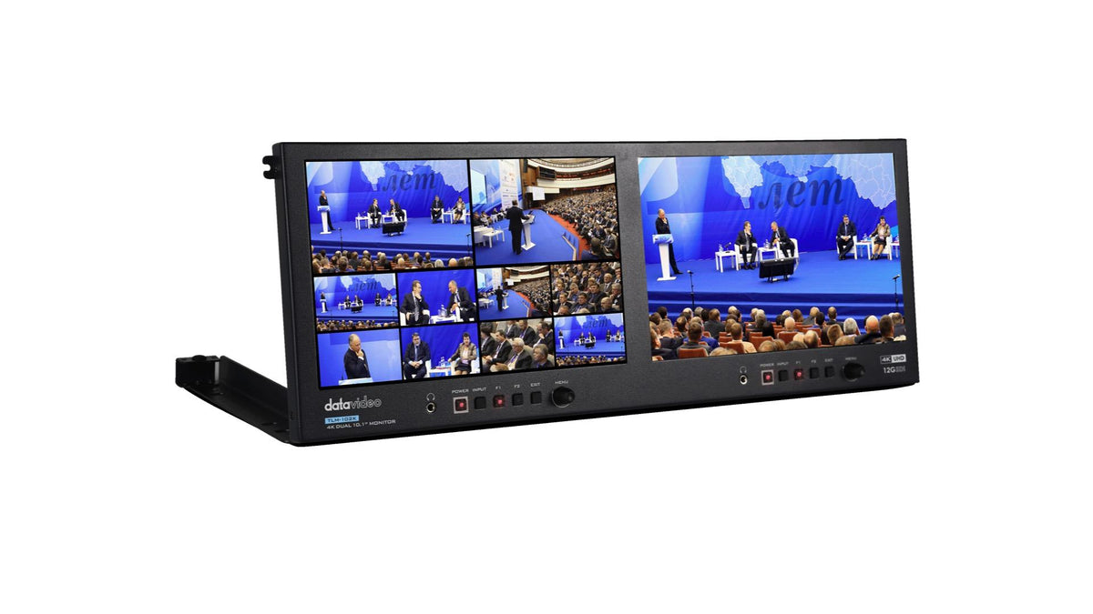 Datavideo TLM-102K 4K 10.1" Dual LCD monitor. It also supports SDI/HDMI cross conversion. Can be installed in a 19" 4RU rack space.