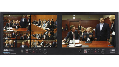 Datavideo TLM-102K 4K 10.1" Dual LCD monitor. It also supports SDI/HDMI cross conversion. Can be installed in a 19" 4RU rack space.