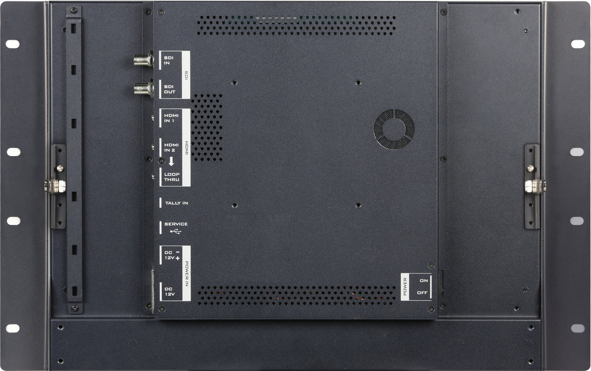 Datavideo TLM-170KR 17" LED monitor (4K resolution panel) with HD-SDI and HDMI inputs. It supports up to 2160p resolution and 12G-SDI. (7U Rack Mount with adjustable vertical tilt)