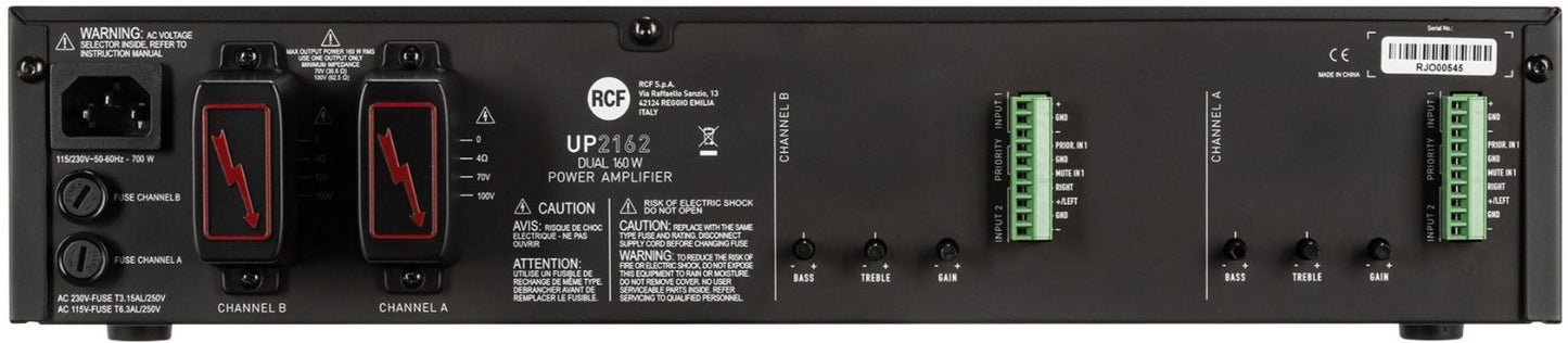 RCF UP 2162 2 Channel Power Amplifier (70V/ 4 Ohm/ Aux Input) - PSSL ProSound and Stage Lighting