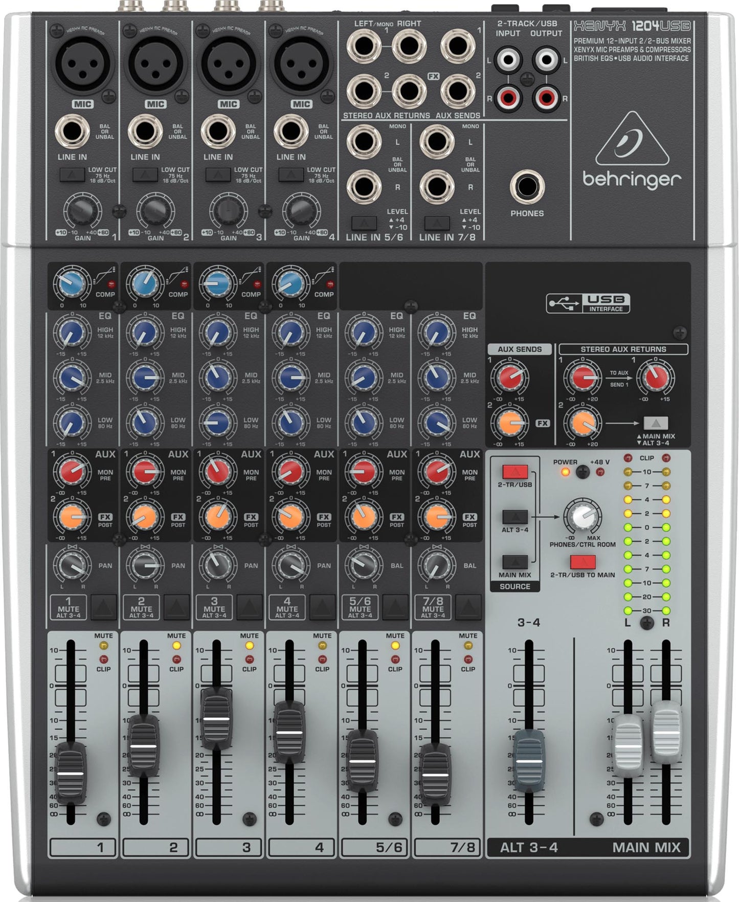 Behringer XENYX1204USB Premium 12-Input 2/2-Bus Mixer with XENYX Mic Preamps and Compressors, British EQ and USB/Audio Interface