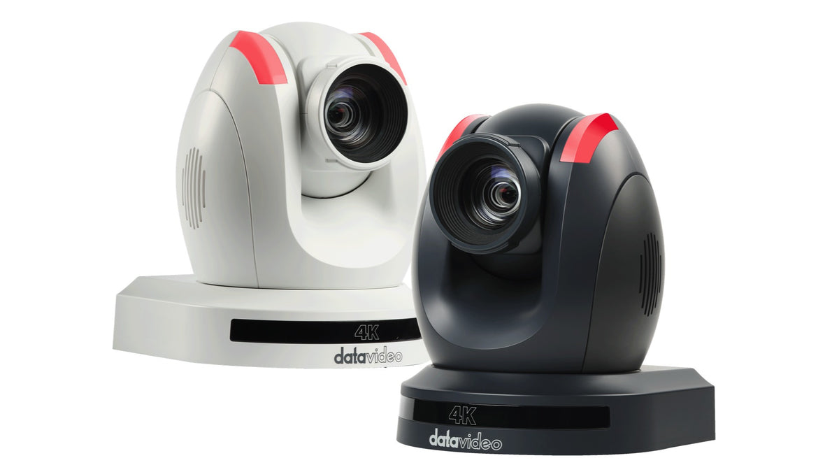 Datavideo PTC-305GW 4K 20x NDI® | HX, 12G-SDI, 3G-SDI, and HDMI PTZ Camera with Tracking in White.