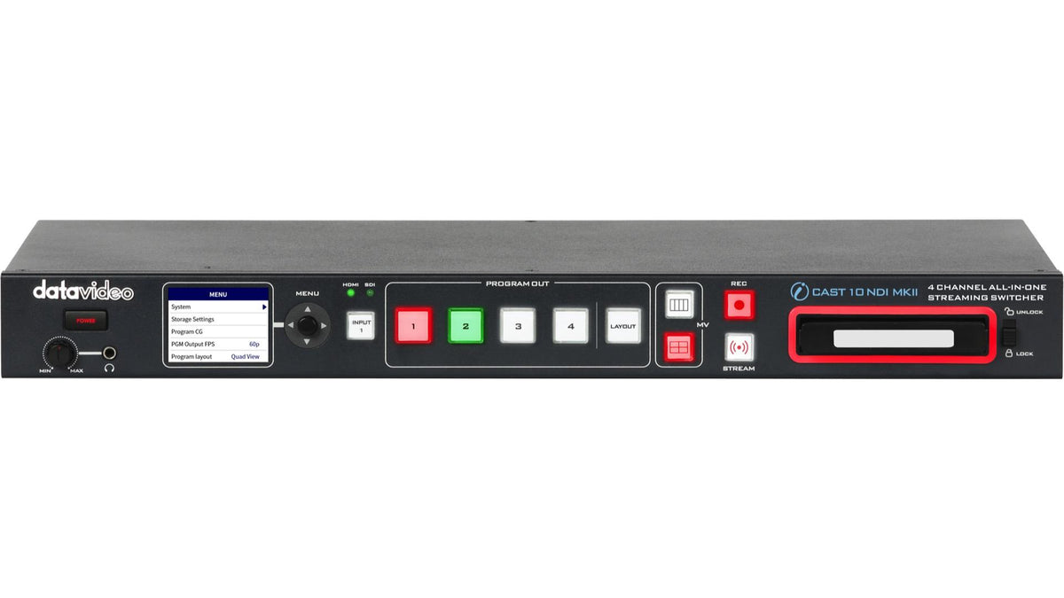 Datavideo iCast 10NDI MK II 4 channel 1080p all-in-one switcher with UVC output. It has NDI and SRT support.