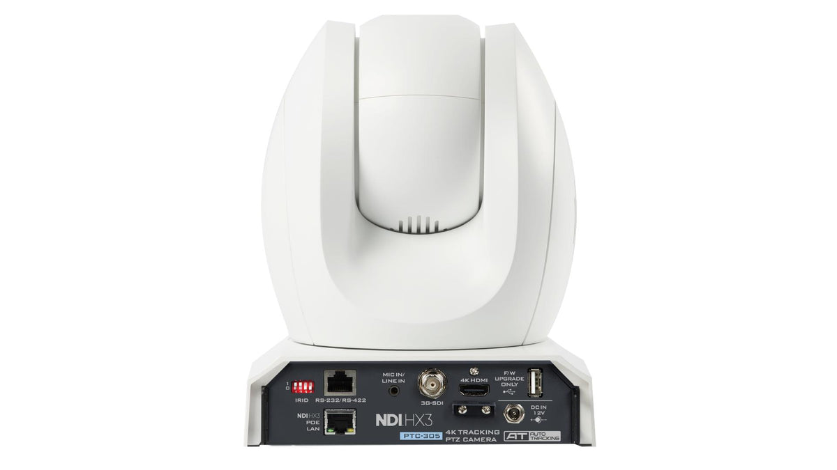 Datavideo PTC-305GW 4K 20x NDI® | HX, 12G-SDI, 3G-SDI, and HDMI PTZ Camera with Tracking in White.