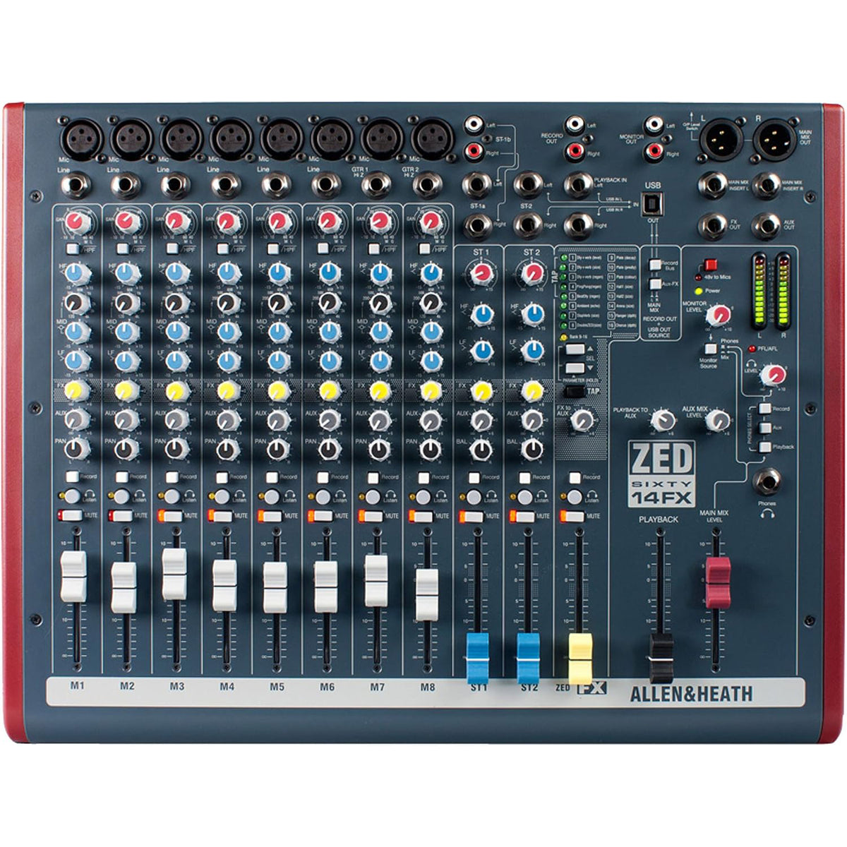 Allen & Heath AH-ZED60-14FX 8 Mono Mic/Line + 2 Active DI + 3 stereo line inputs, swept mid EQ, 60mm faders, 24 bit effects with 16 presets