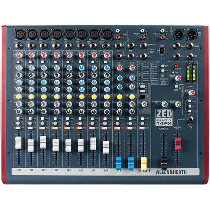 Allen & Heath AH-ZED60-14FX 8 Mono Mic/Line + 2 Active DI + 3 stereo line inputs, swept mid EQ, 60mm faders, 24 bit effects with 16 presets