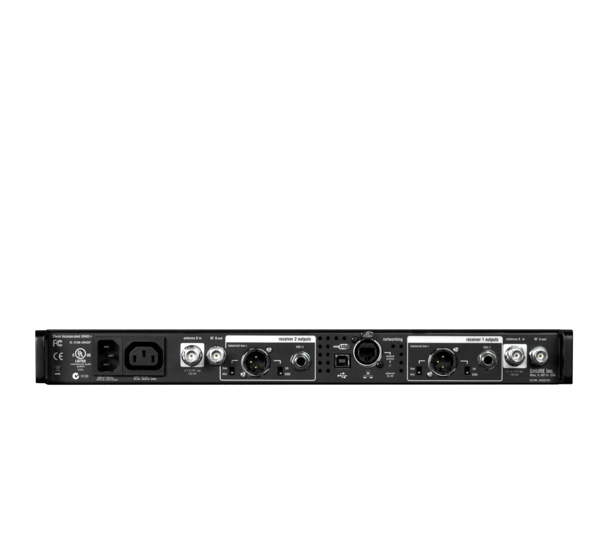 Shure UR4D+ Dual Receiver for G1 470-530MHZ Band – Solotech Shure UR4D+ Dual Receiver for G1 470-530MHZ Band – Solotech