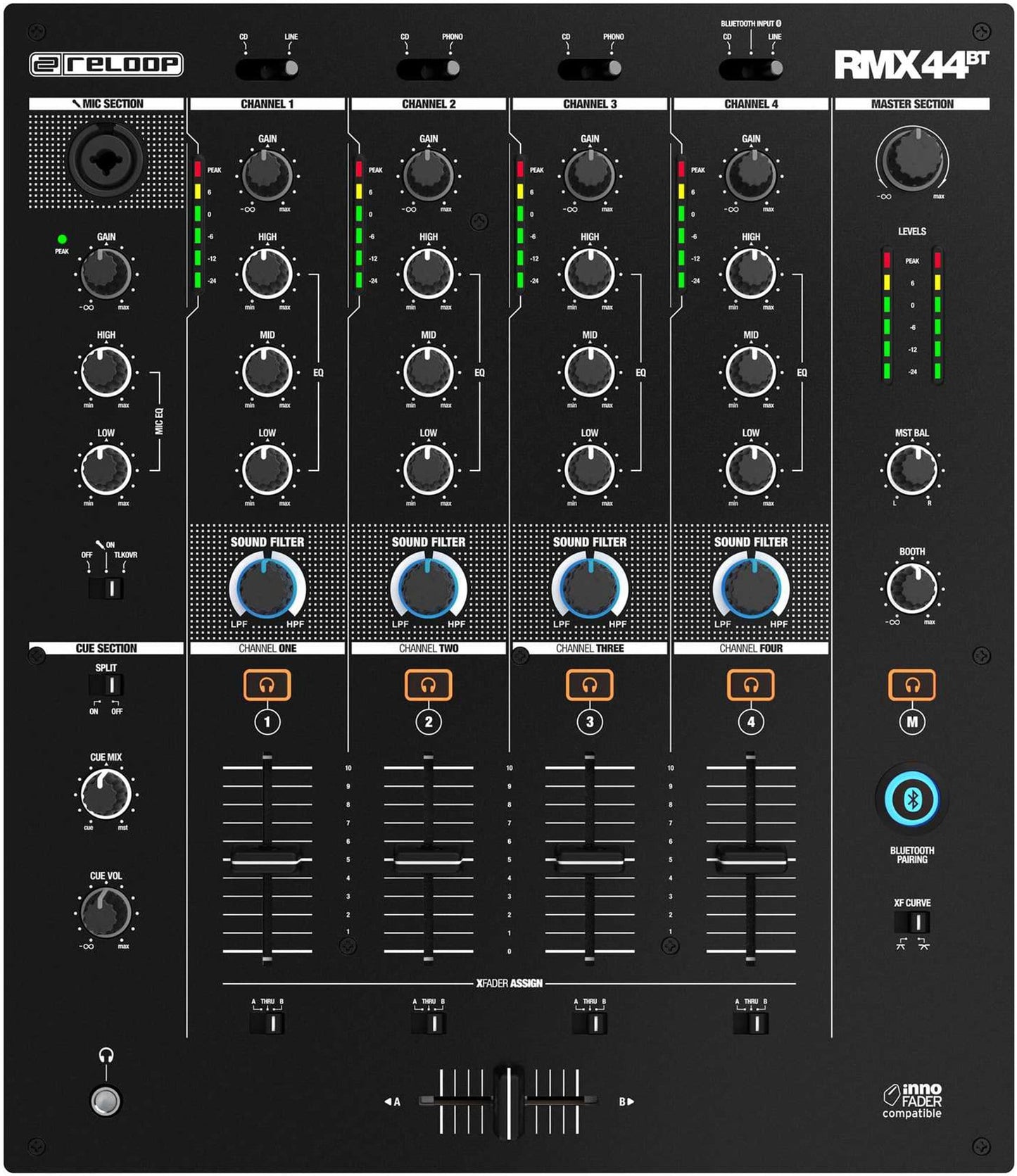 Reloop RMX-44BT 4-Channel Bluetooth DJ Club Mixer - ProSound and Stage Lighting