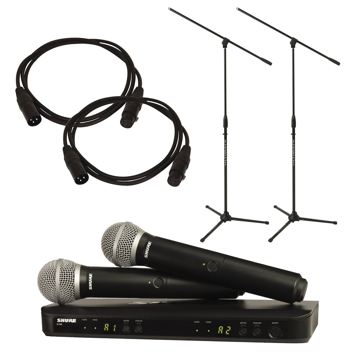 Shure BLX288 PG58 Dual Wireless Mic System with Stands & Cables | Solotech