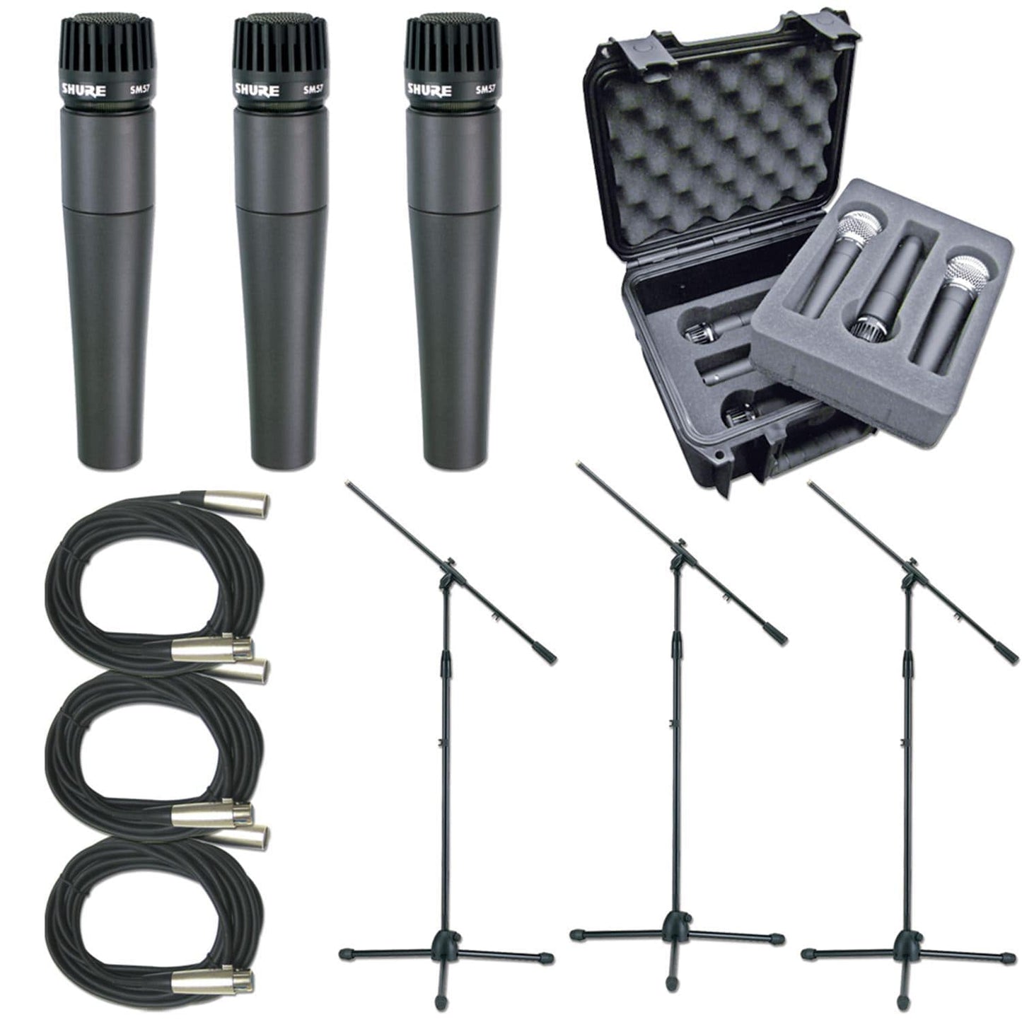 Shure 3 x SM57 Mic Pack with Stands Cables Case - Solotech