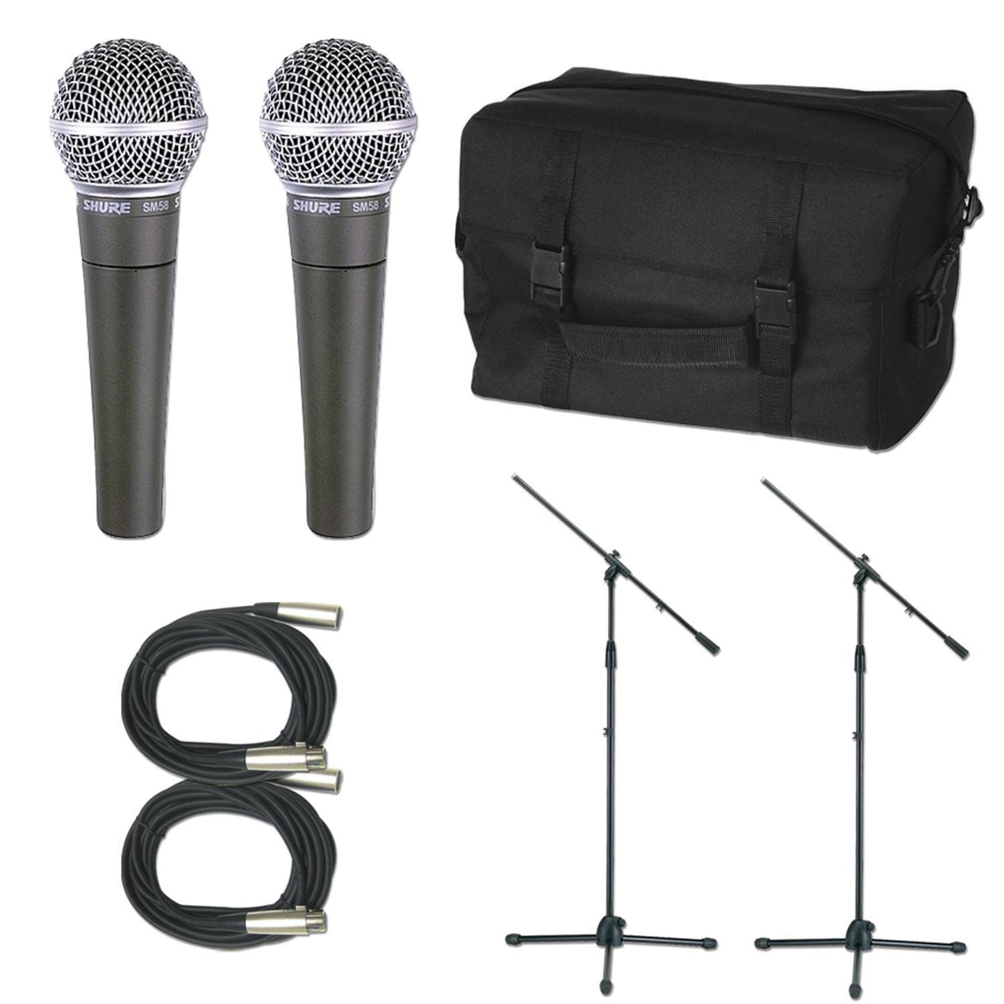 Shure 2 x SM58 Mic Pack with Stands Cables And Bag - Solotech