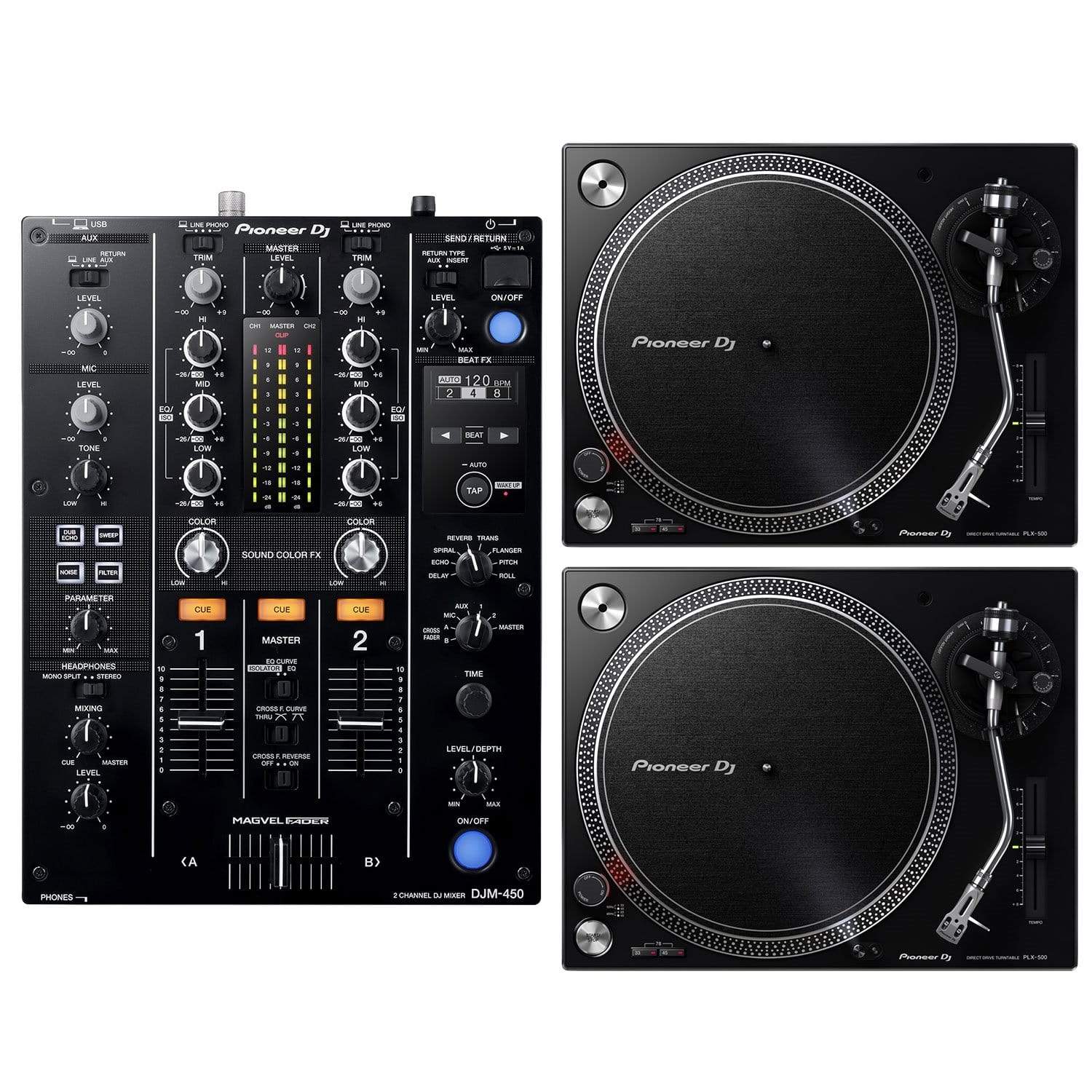 Pioneer DJ DJM-450 2-Channel DJ Mixer and (2) PLX-500-K DJ Turntables