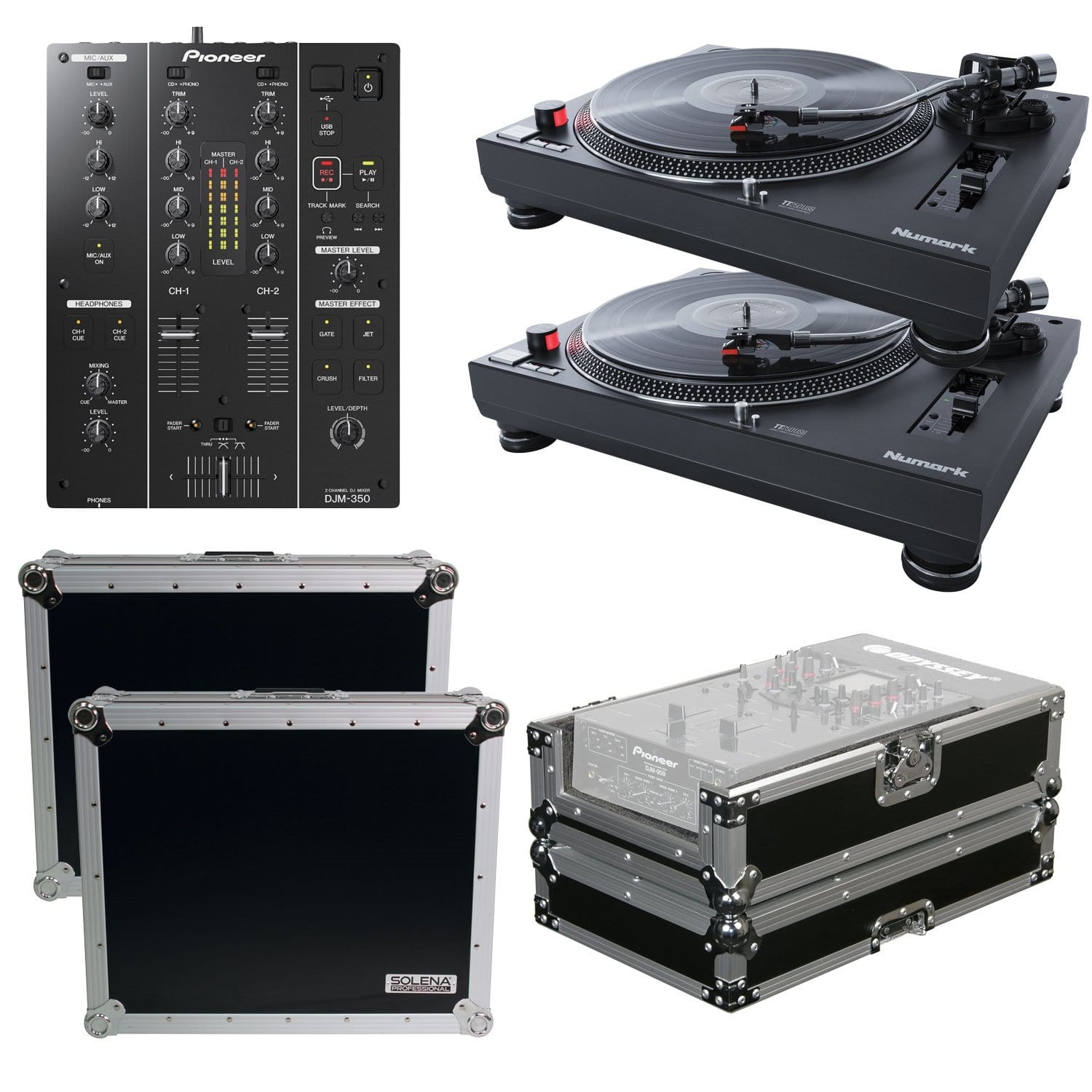 Pioneer DJM350 DJ Mixer with (2) Numark TT250USB Turntables & Road Cases - ProSound and Stage Lighting