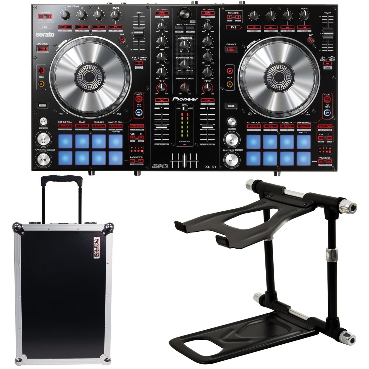 Pioneer DJ DDJ-SR Serato DJ Controller with Road Case and Crane Stand Elite  | Solotech