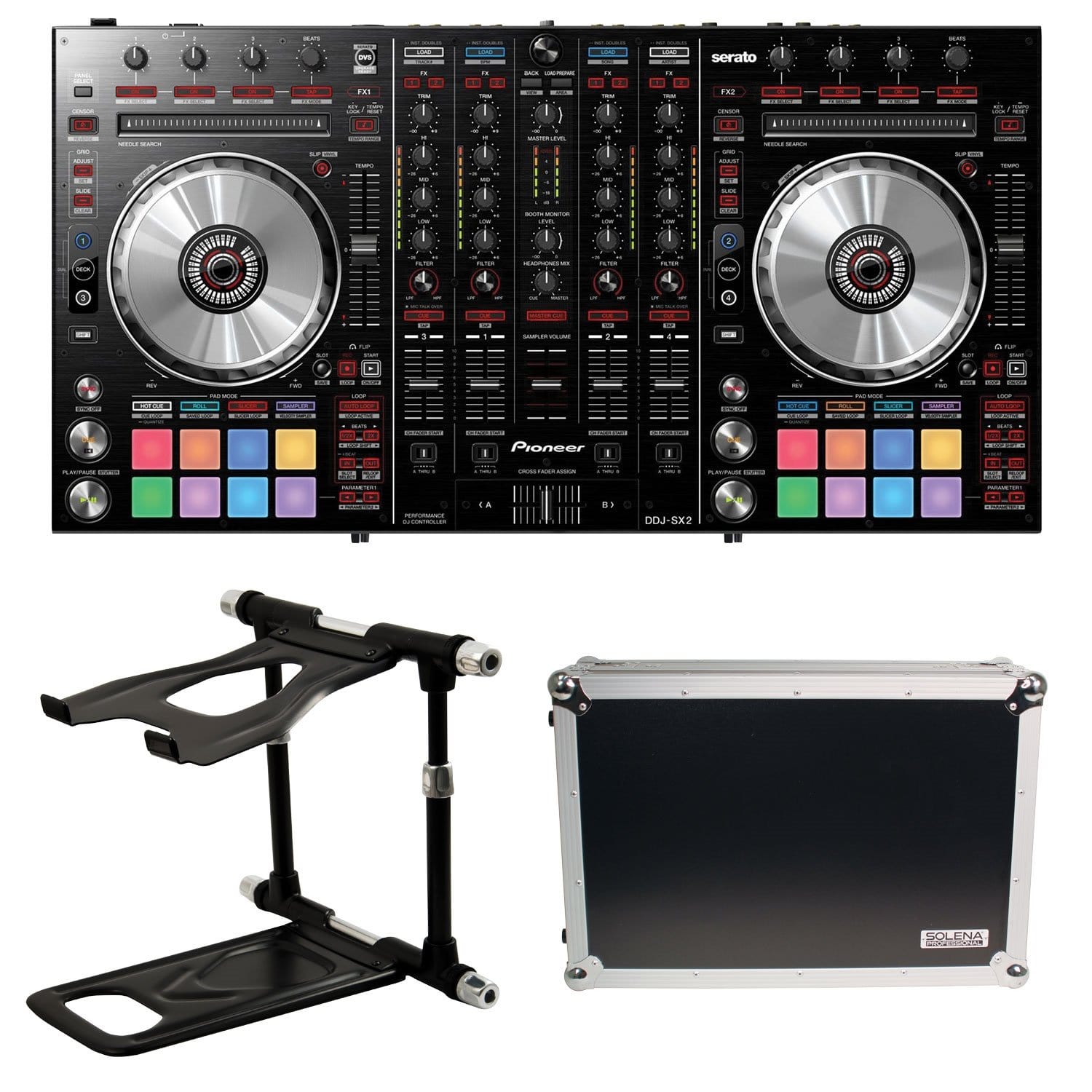 Pioneer DJ DDJ-SX2 Serato DJ Controller with Road Case and Crane Stand Elite