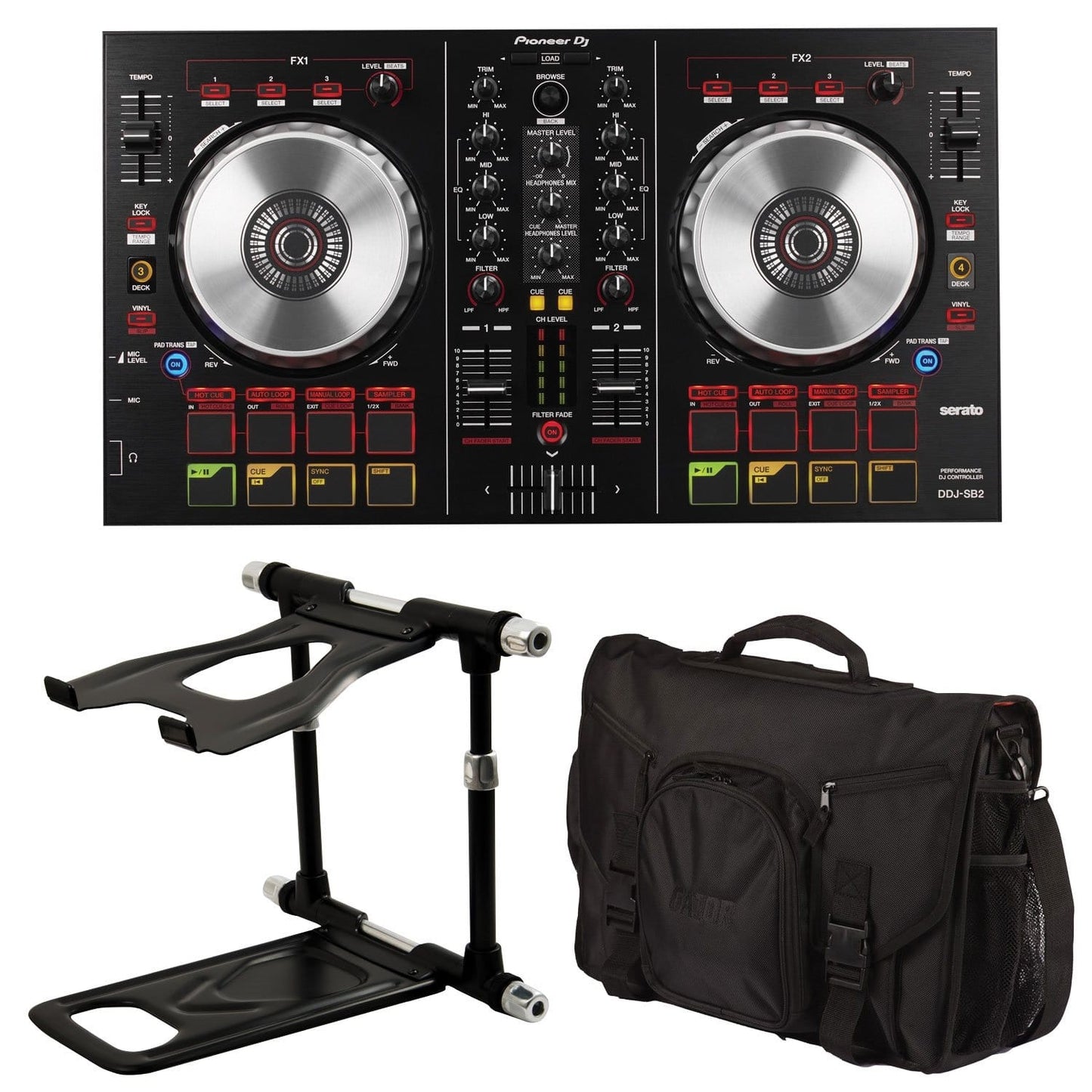 Pioneer DDJ-SB2 DJ Controller with Gator Bag & Crane Stand Elite - ProSound and Stage Lighting