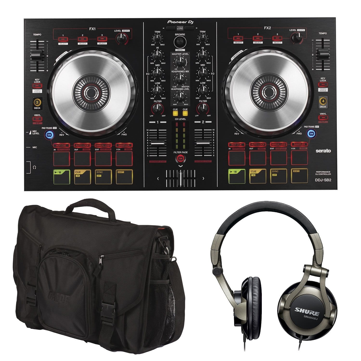 Pioneer DDJ-SB2 DJ Controller with Shure Headphones & Gator Bag - ProSound and Stage Lighting