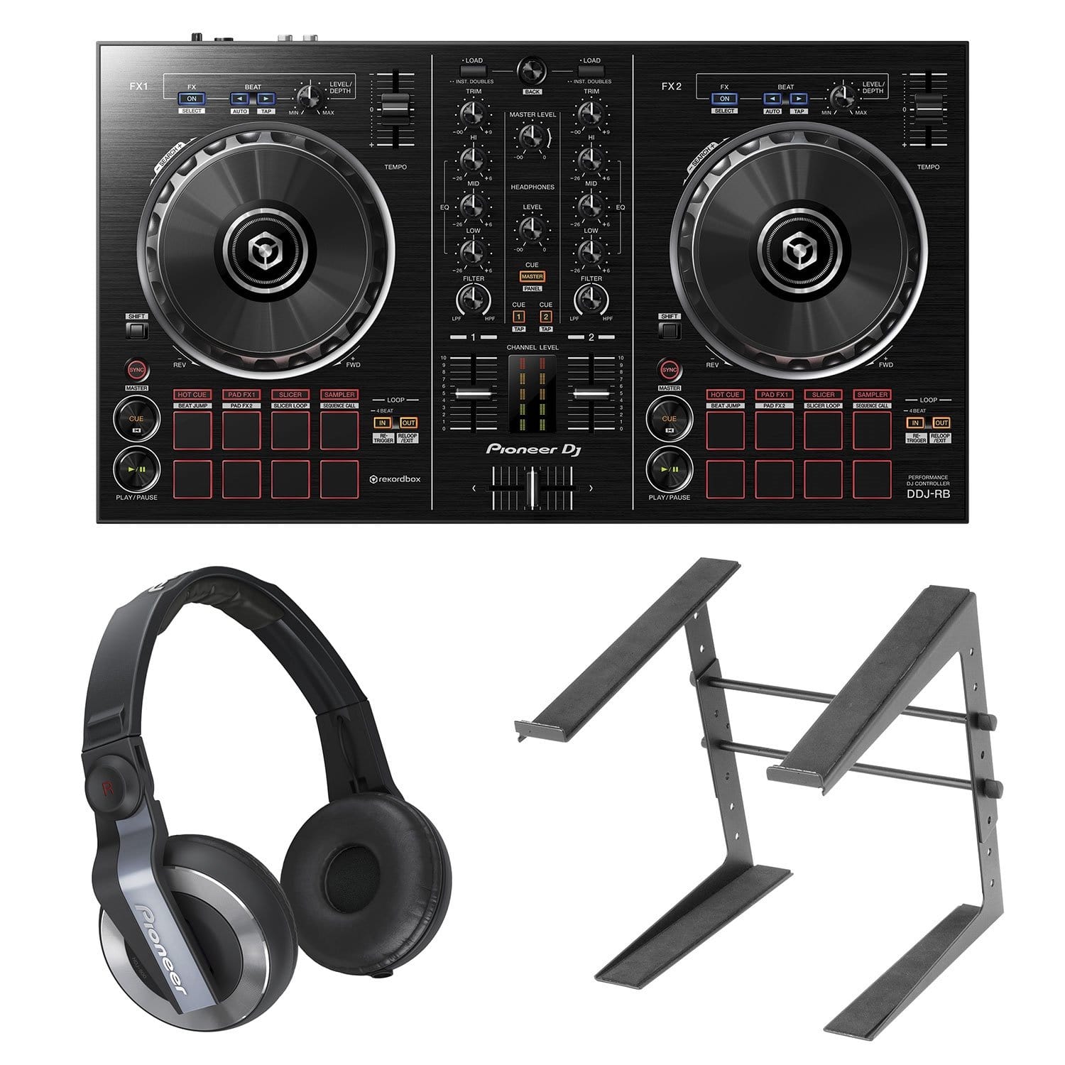 Pioneer DDJ-RB DJ Controller with HDJ-500 Headphones and Laptop Stand - ProSound and Stage Lighting