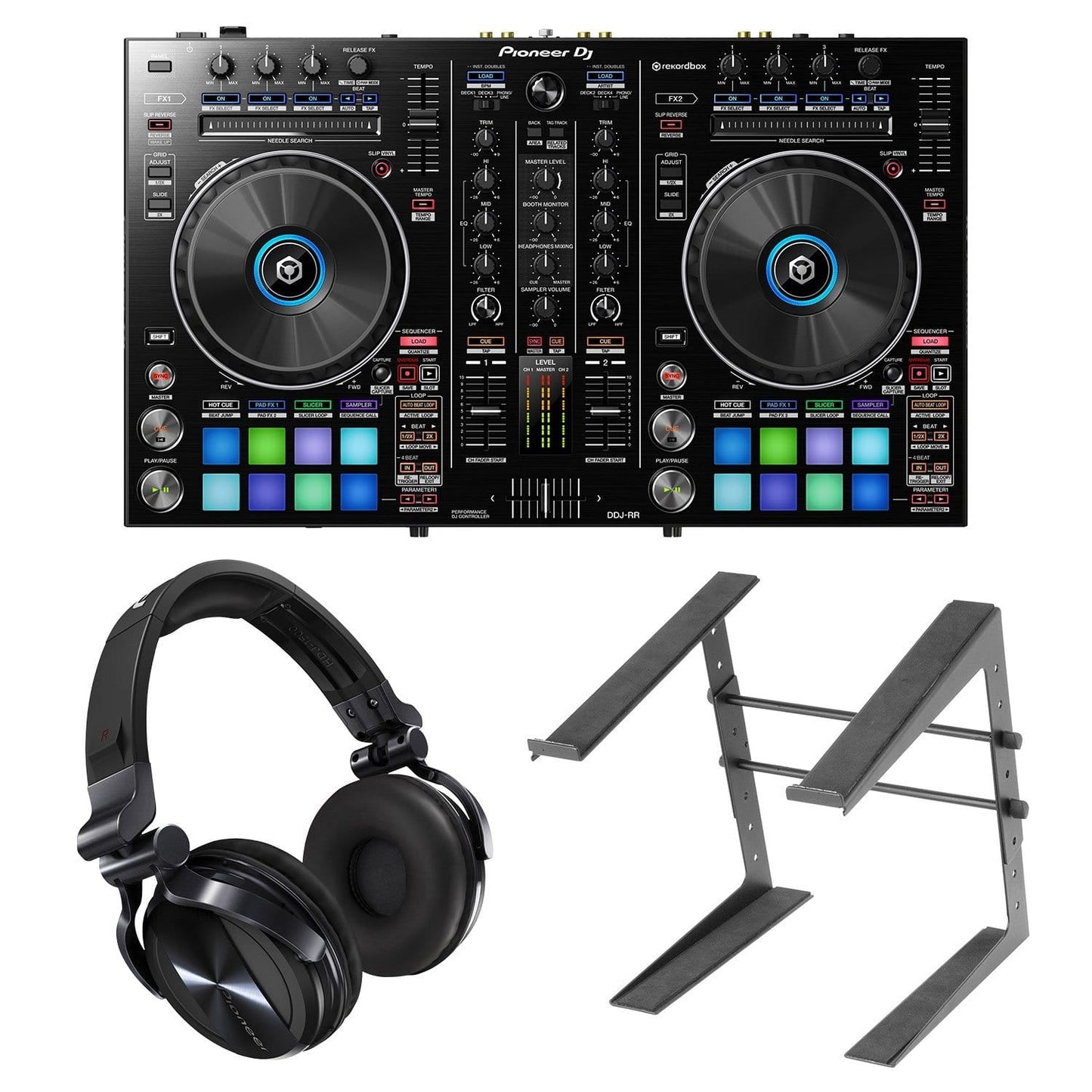 Pioneer DDJ-RR DJ Controller with HDJ-1500 Headphones & Laptop Stand - ProSound and Stage Lighting