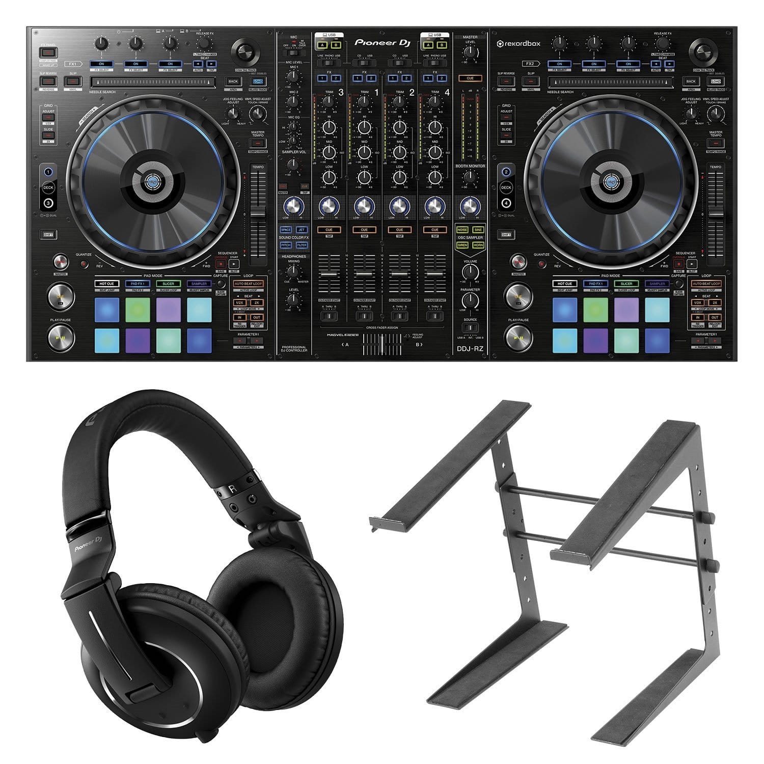 Pioneer DDJ-RZ DJ Controller with HDJ-2000MK2 Headphones & Laptop Stand - ProSound and Stage Lighting