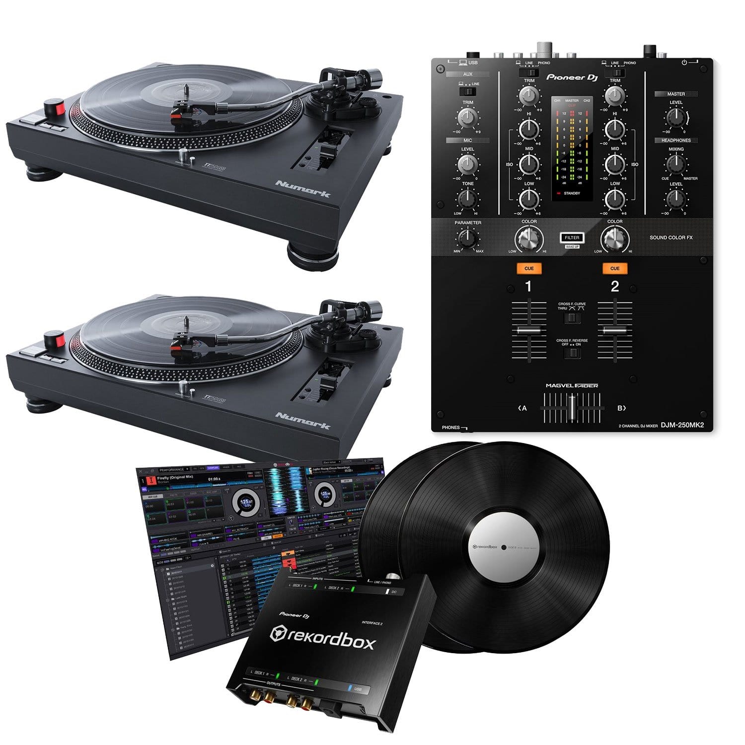 Pioneer DJM-250MK2 Mixer & Numark TT250USB Turntables (2) with rekordbox DVS - ProSound and Stage Lighting