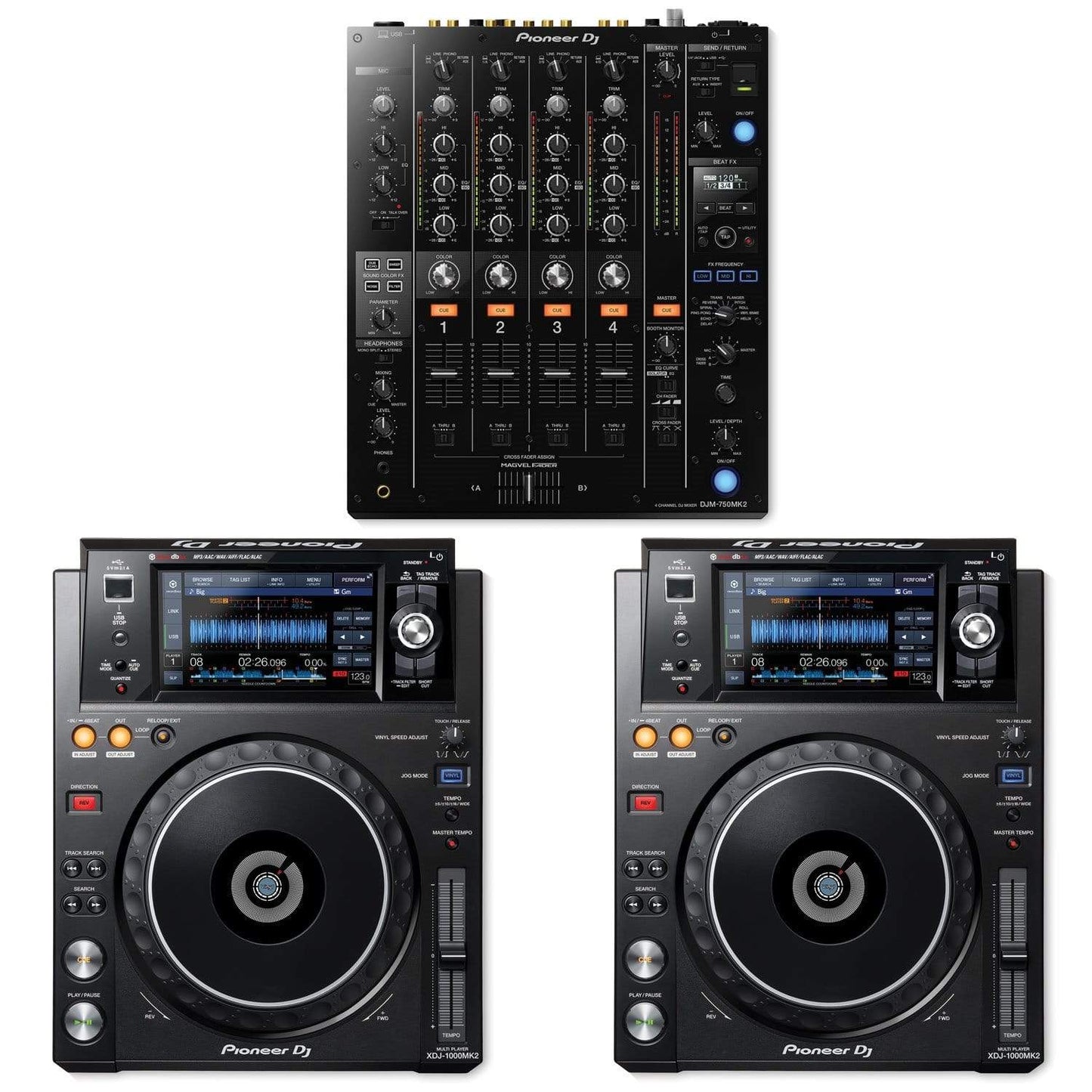 Pioneer DJM-750MK2 DJ Mixer with XDJ-1000MK2 Tabletop Digital Multi Player Pair - ProSound and Stage Lighting