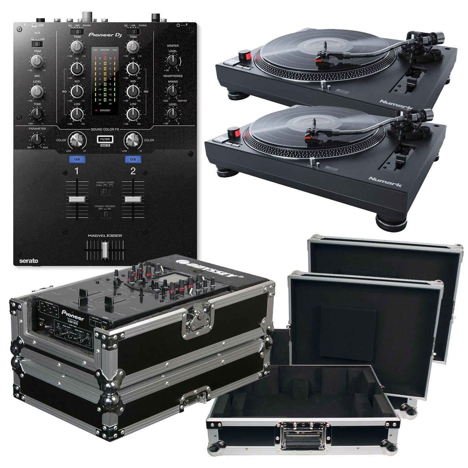 Pioneer DJM-S3 Mixer for Serato DJ & Numark TT250USB Turntables with Cases - ProSound and Stage Lighting