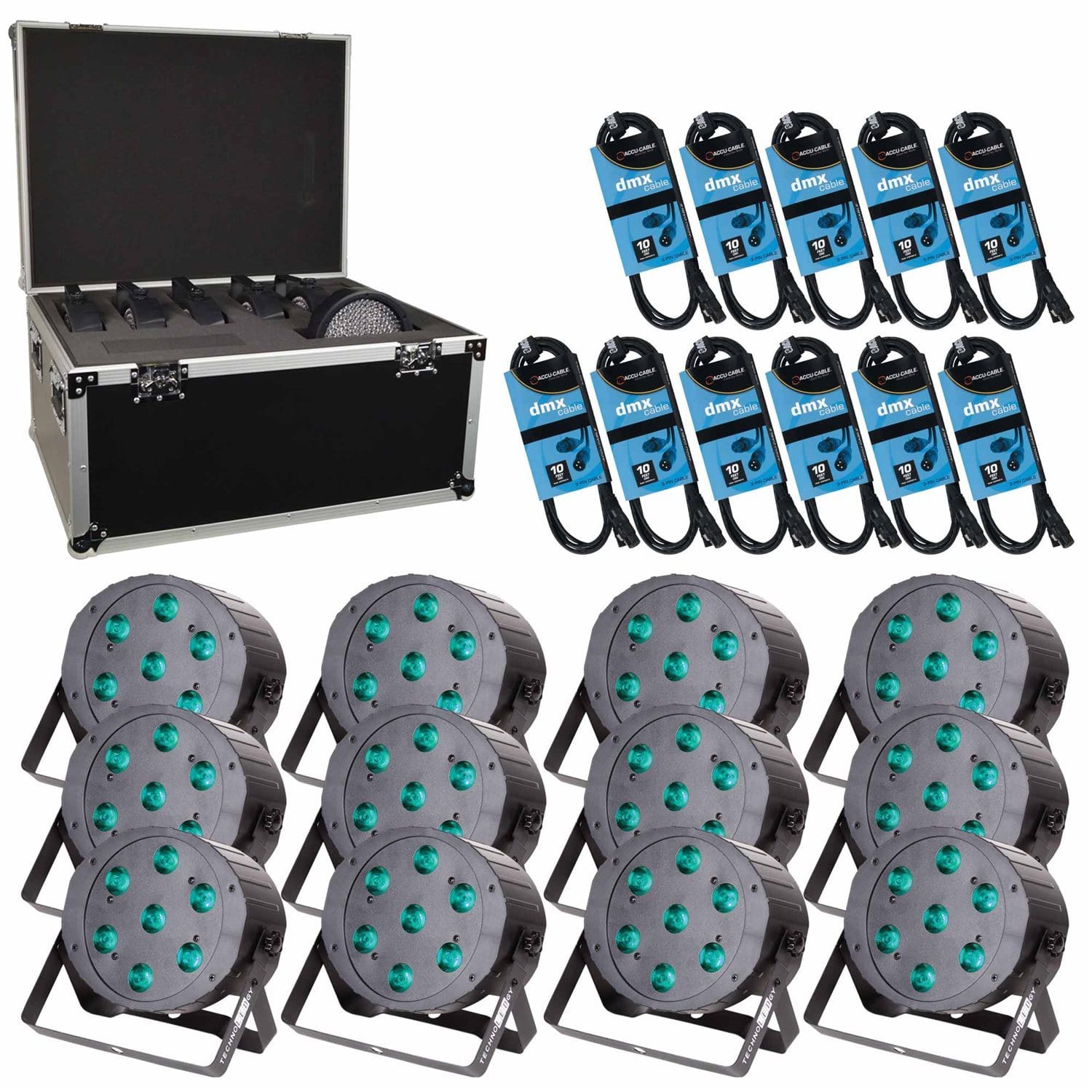 TechnoLEDgy Max Par 70 Wash Light 12-Pack with Case & DMX Cables - PSSL ProSound and Stage Lighting