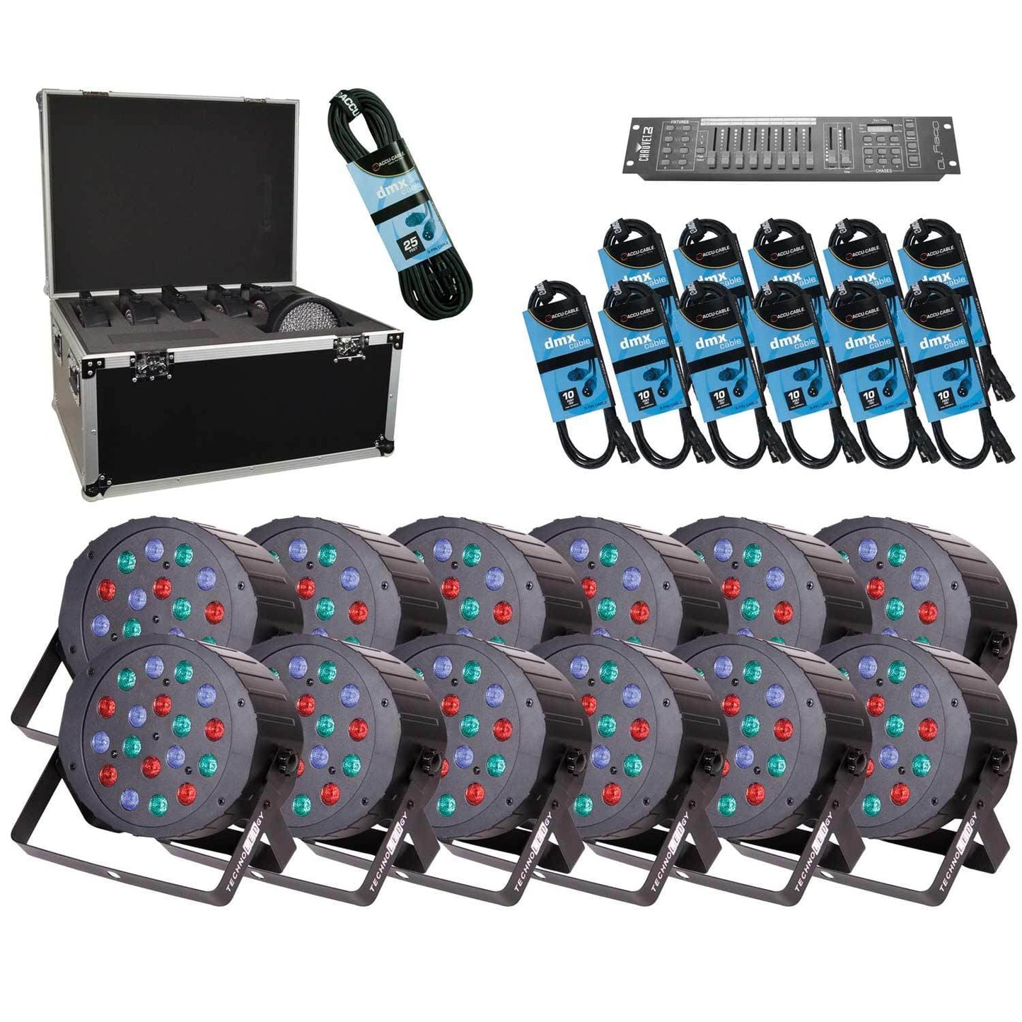 TechnoLEDgy Max Par 54 RGB Wash Light 12-Pack with Obey 10 DMX Controller - PSSL ProSound and Stage Lighting