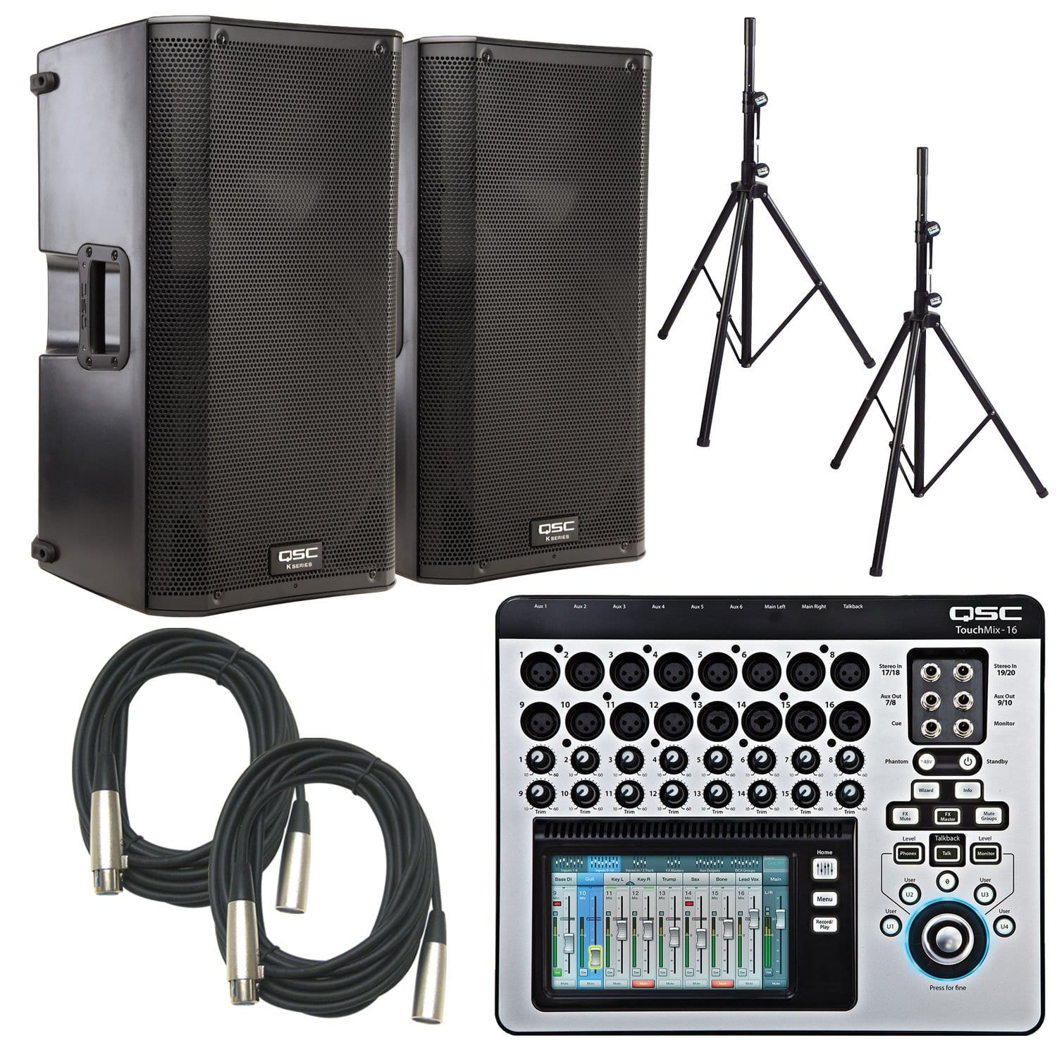 QSC K12 Powered Speakers (2) with TouchMix 16 Digital Mixer & Stands - PSSL ProSound and Stage Lighting