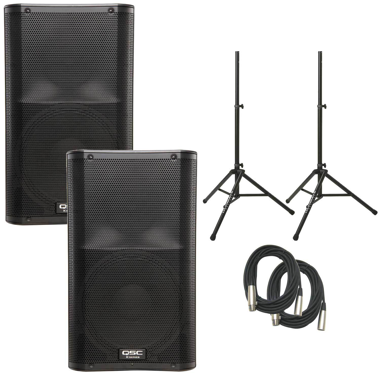 QSC K12 Powered Speakers (Pair) with Stands & Cables - PSSL ProSound and Stage Lighting