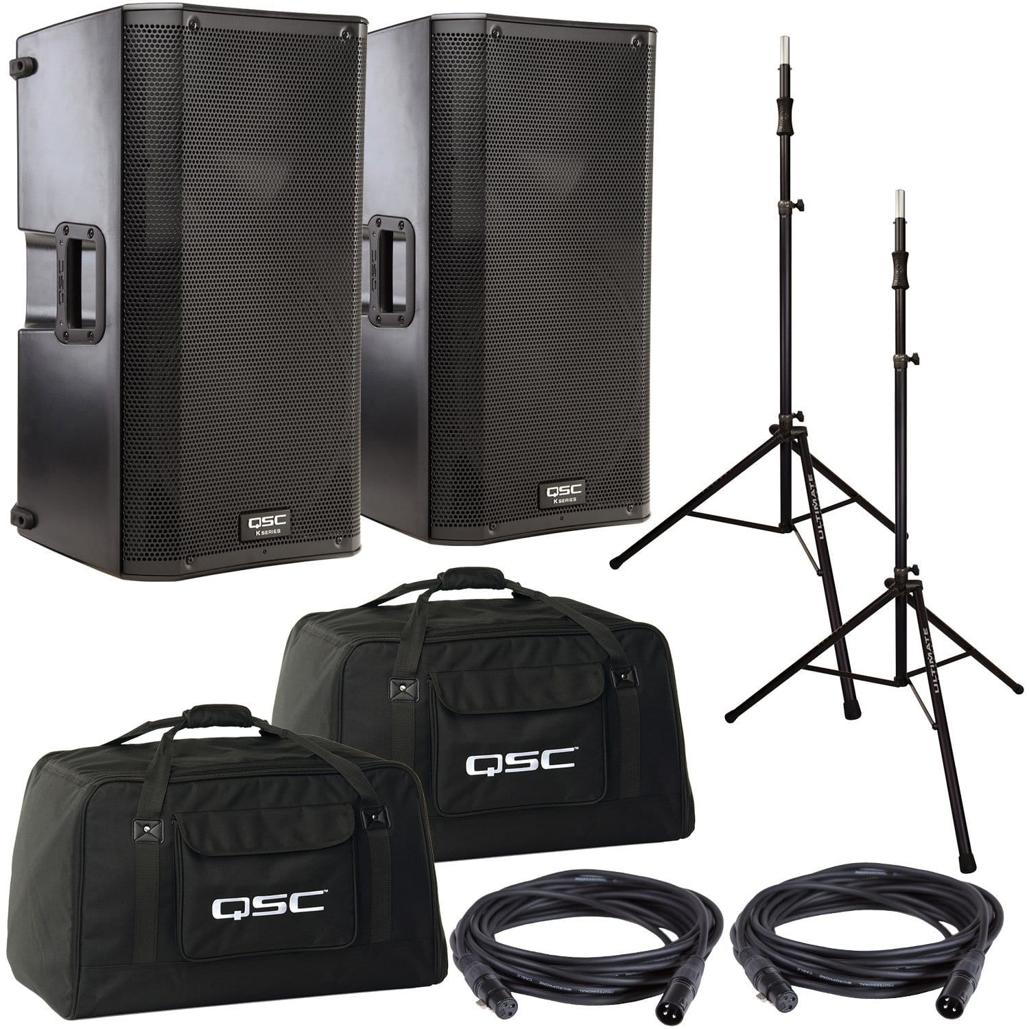 QSC K12 Powered Speakers with Ultimate TS100 Stands & Totes - PSSL ProSound and Stage Lighting