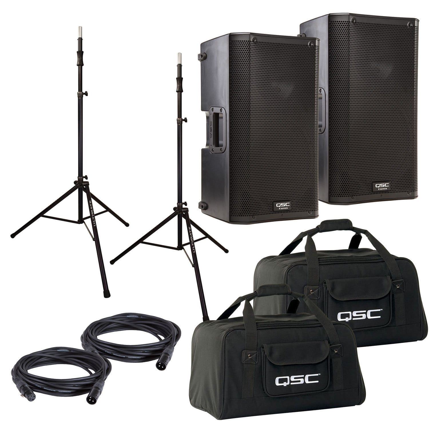 QSC K10 Powered Speakers (2) with Totes & Ultimate TS100 Stands - PSSL ProSound and Stage Lighting