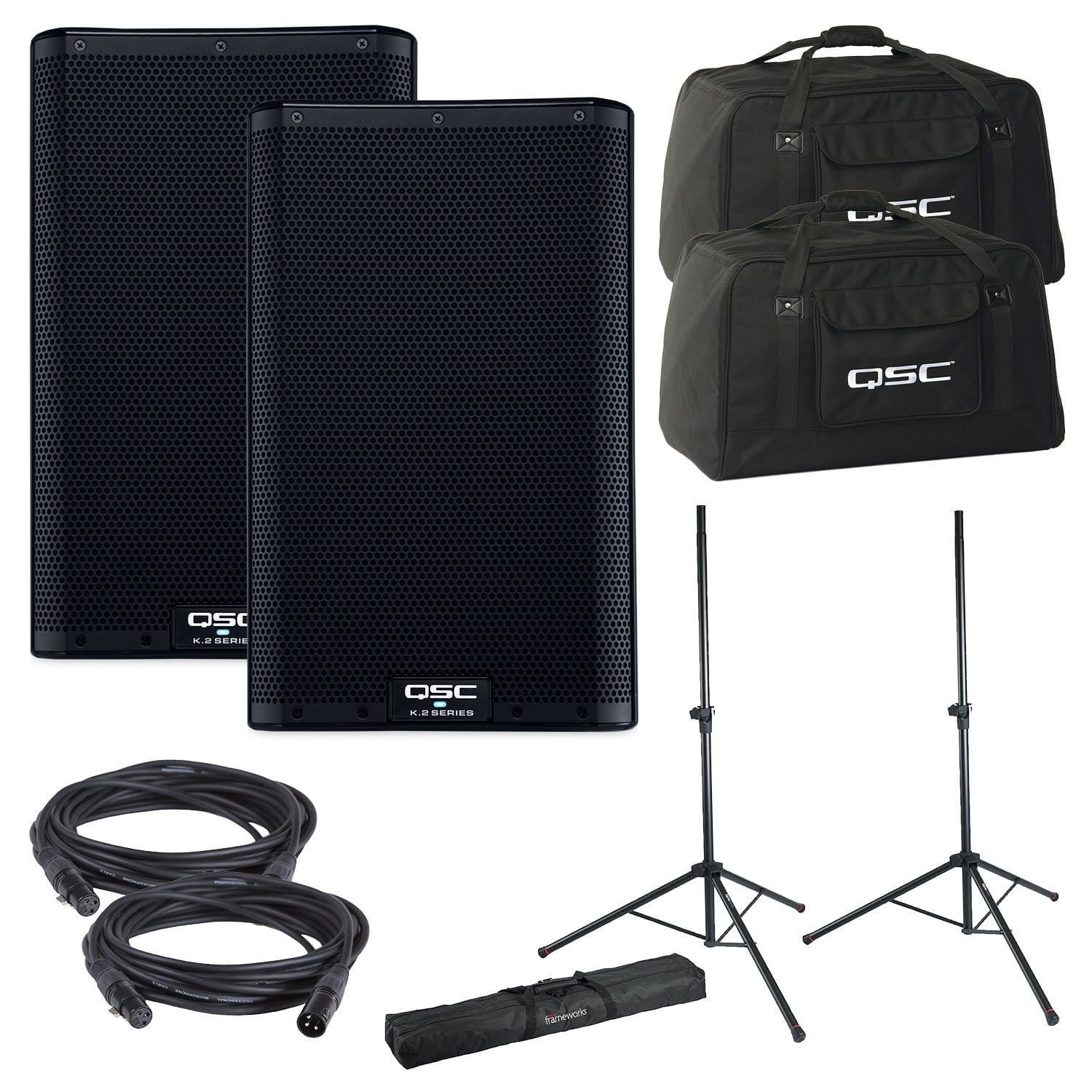 QSC K12.2 Powered Speaker Pair with Totes & Gator Stands - PSSL ProSound and Stage Lighting