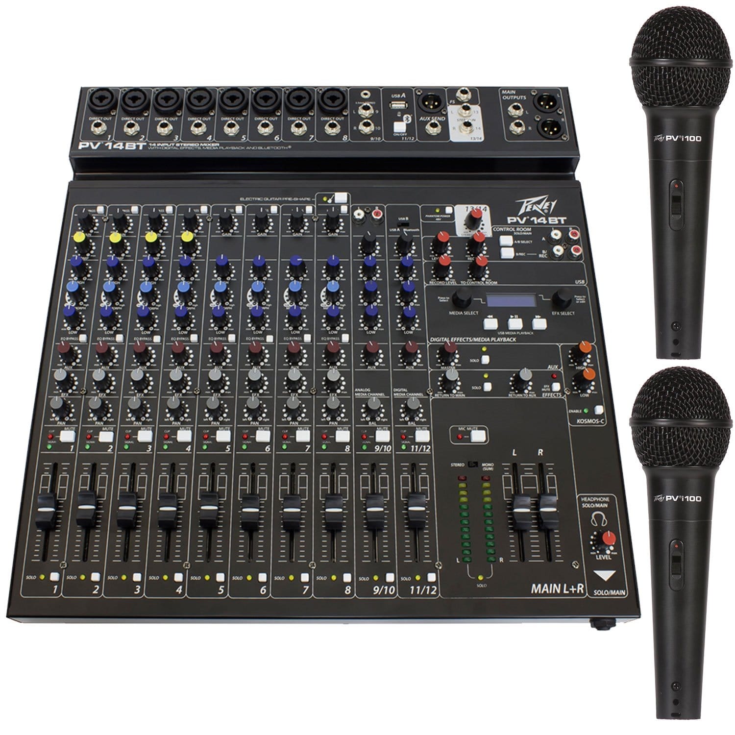 Peavey PV-14BT 12-Channel Bluetooth Mixer with PVi 100 Microphone Pair - PSSL ProSound and Stage Lighting