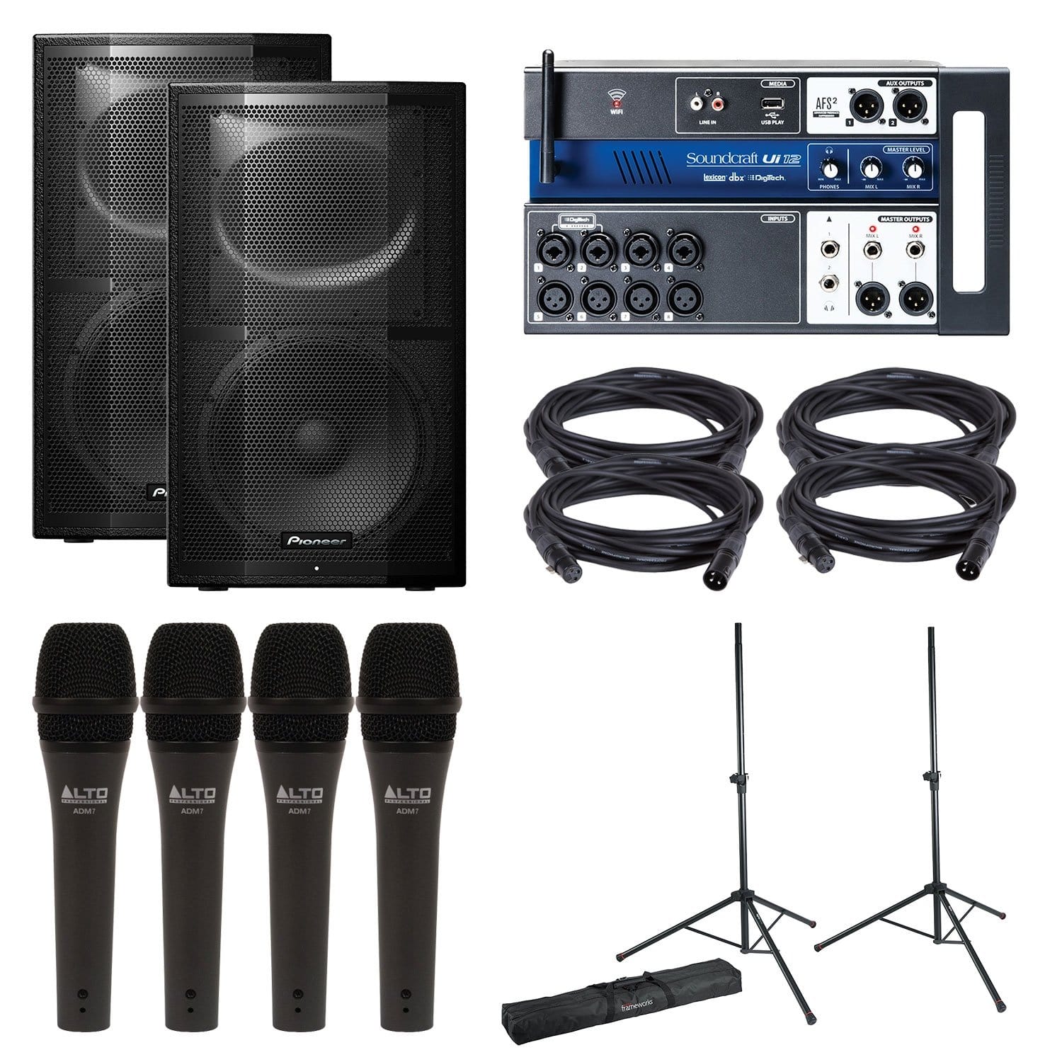 Pioneer XPRS12 Speakers (2) & Soundcraft Ui12 Mixer with Mics & Gator Stands - PSSL ProSound and Stage Lighting