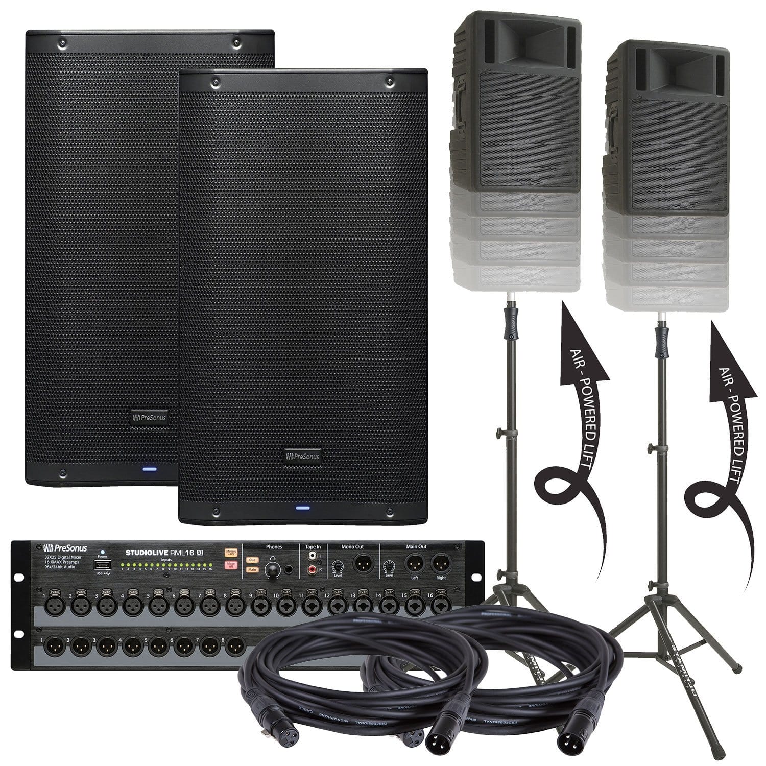 PreSonus AIR12 Powered Speakers & RML16AI Rack Mixer with Ultimate Stands - PSSL ProSound and Stage Lighting