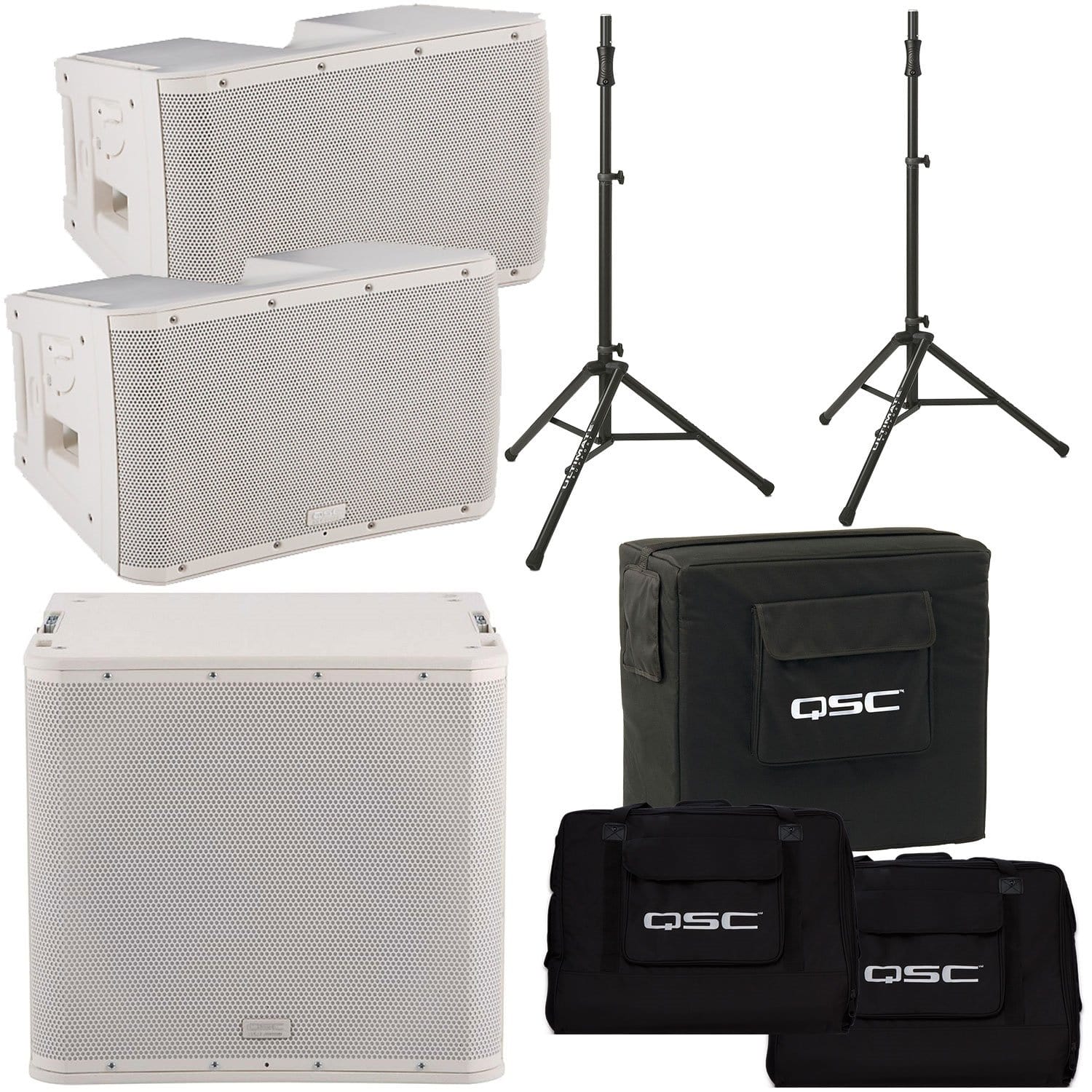 QSC KLA12-WH Line Array Speakers (x2) & KLA181-WH Sub with Totes & Stands - PSSL ProSound and Stage Lighting